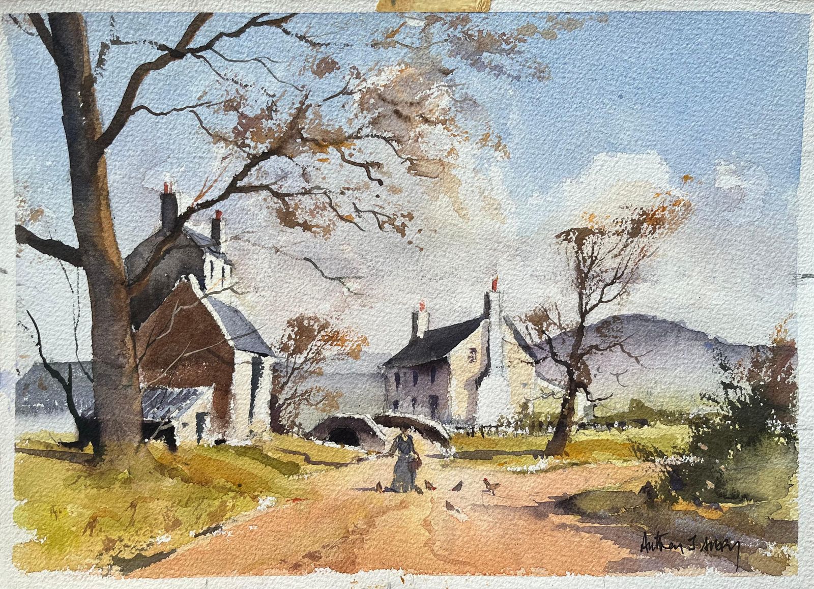 Anthony Avery British Impressionist Watercolor Of A Rural Village Scene With Figure In Autumn