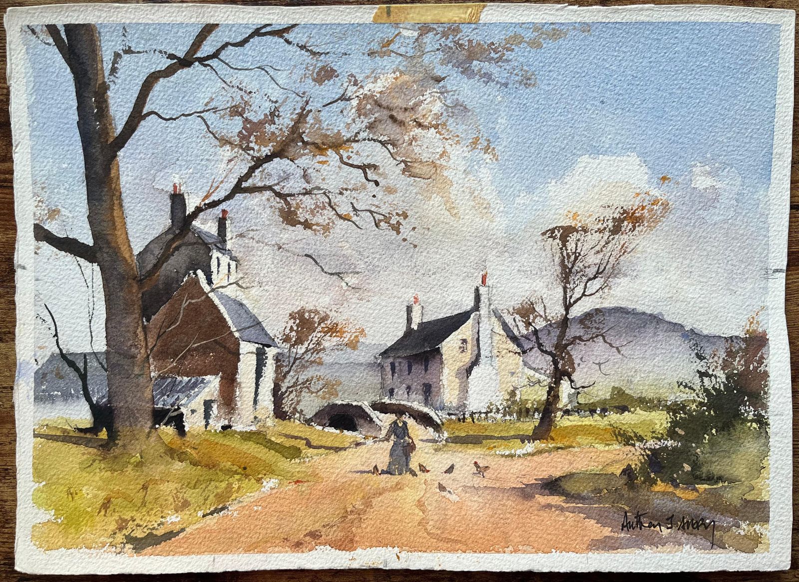 Anthony Avery British Impressionist Watercolor Of A Rural Village Scene With Figure In Autumn photo furniture