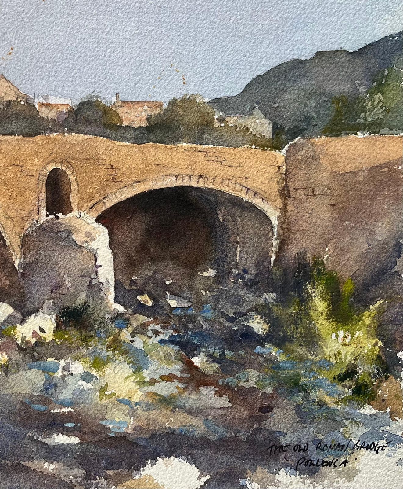 Anthony Avery British Impressionist Watercolor Of An Old Roman Bridge In Pollenca, Mallorca photo for sale