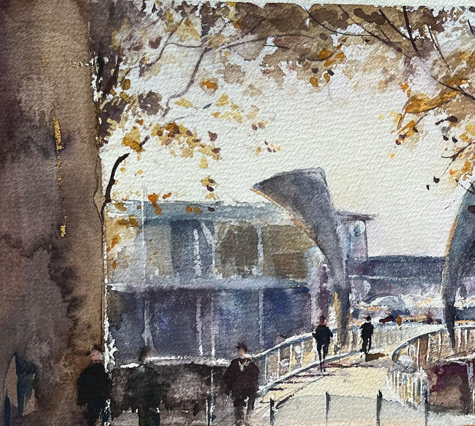 Anthony Avery British Impressionist Watercolor Of A Modern Pedestrian Bridge In Autumn photo vinterior