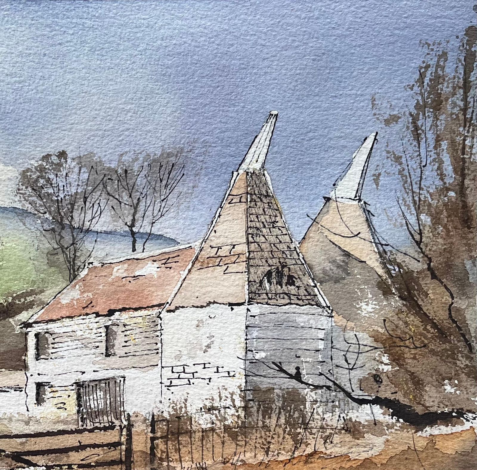 Anthony Avery British Impressionist Watercolor Of Oast Houses In The Countryside photo for sale