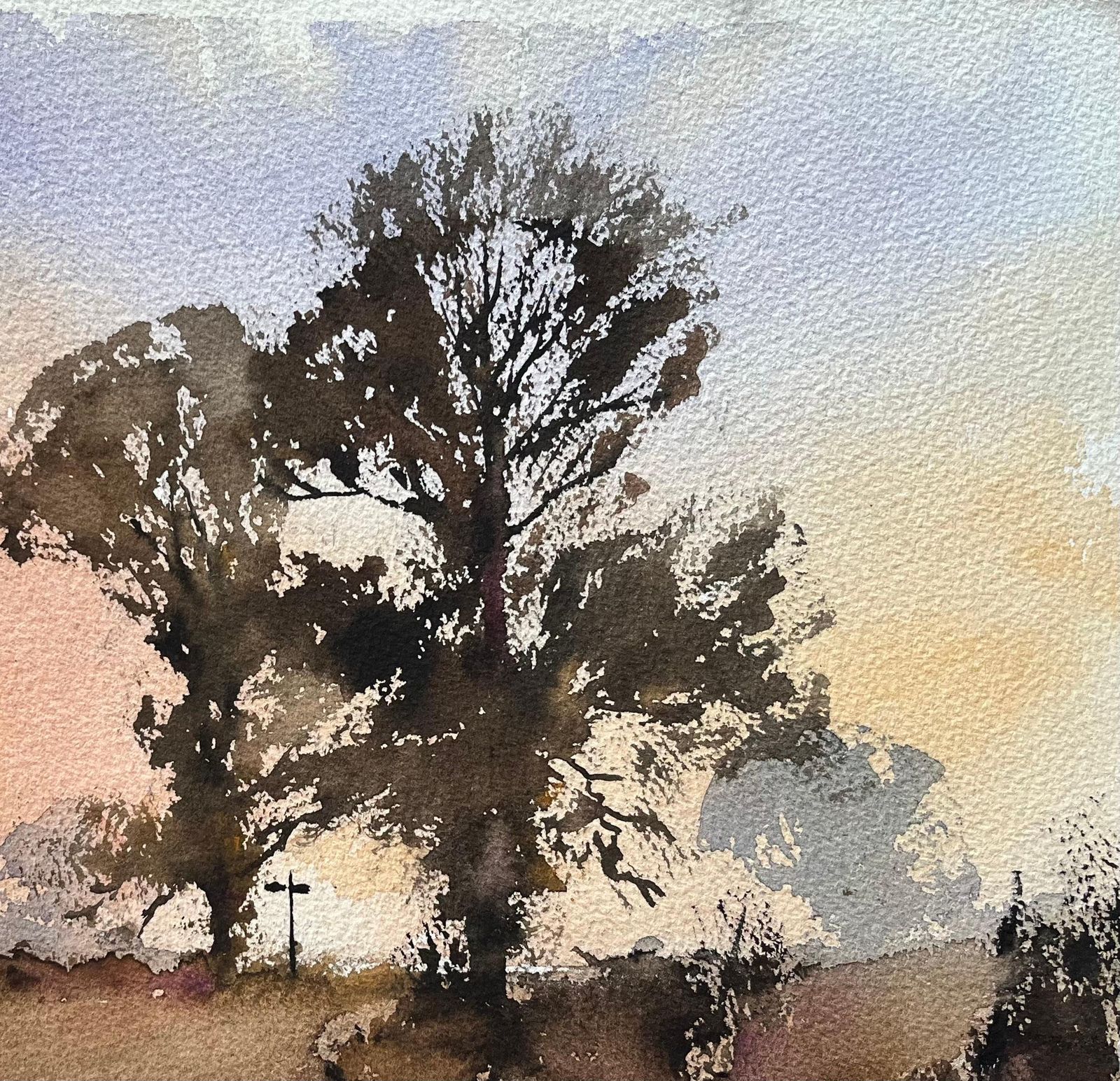 Anthony Avery British Impressionist Watercolor Of Crossroads Bathed In The Warm, Fading Light photo Art