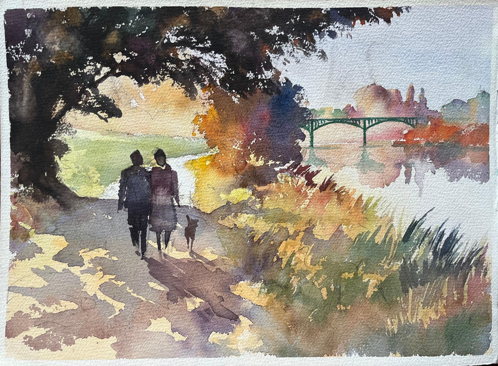 Anthony Avery British Impressionist Watercolor Of Couple Taking Their Dog On A Riverside Walk