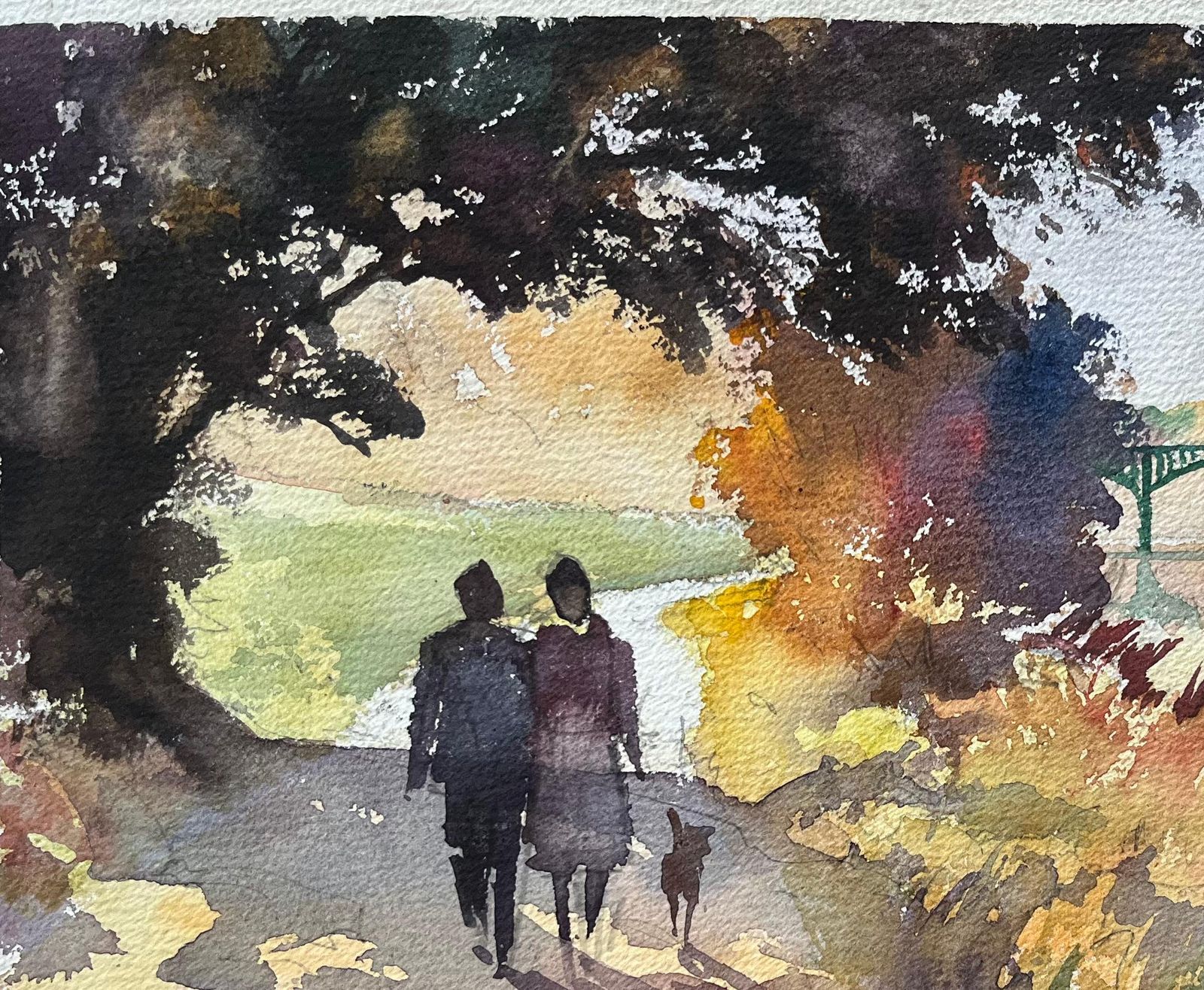 Anthony Avery British Impressionist Watercolor Of Couple Taking Their Dog On A Riverside Walk photo vinterior