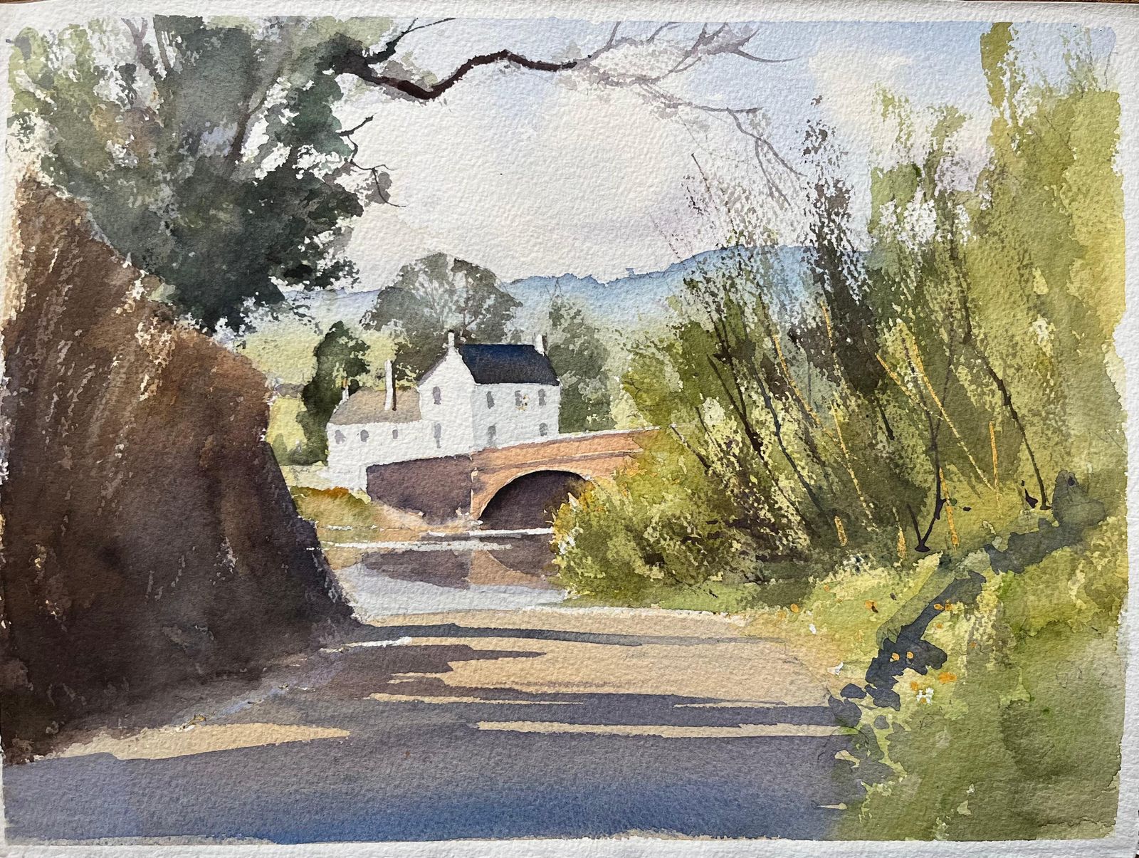 Anthony Avery British Impressionist Watercolor Of A Sunlit Country Lane Leading To A Bridge
