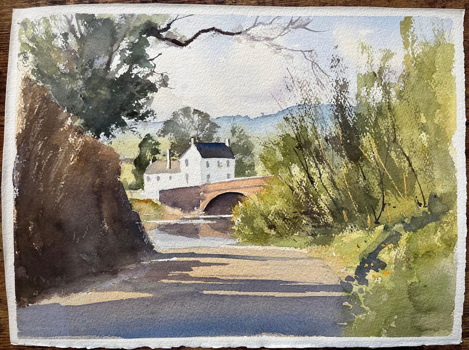 Anthony Avery British Impressionist Watercolor Of A Sunlit Country Lane Leading To A Bridge photo furniture