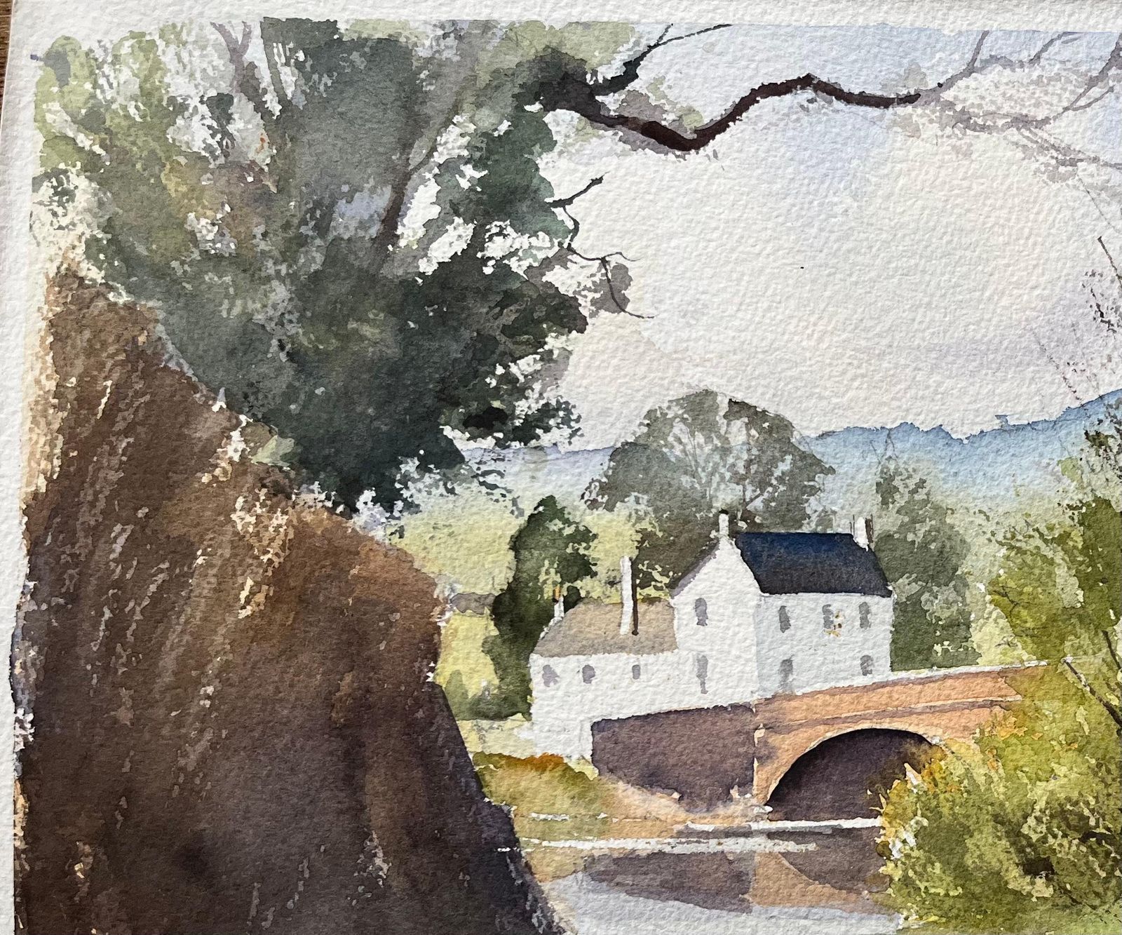 Anthony Avery British Impressionist Watercolor Of A Sunlit Country Lane Leading To A Bridge photo for sale