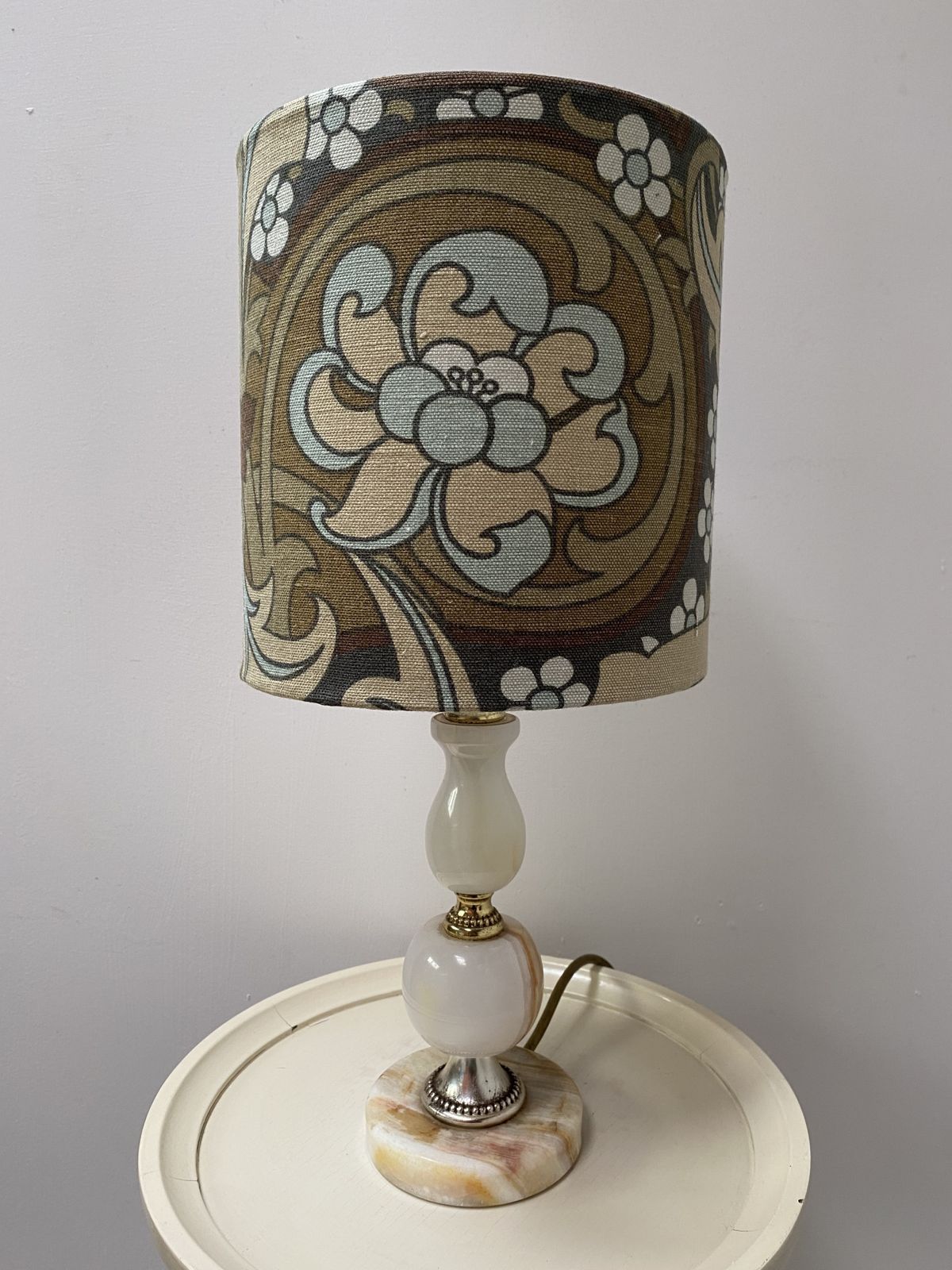 Original 1930s Vintage Fabric: Brown Floral Lampshade & Onyx Base