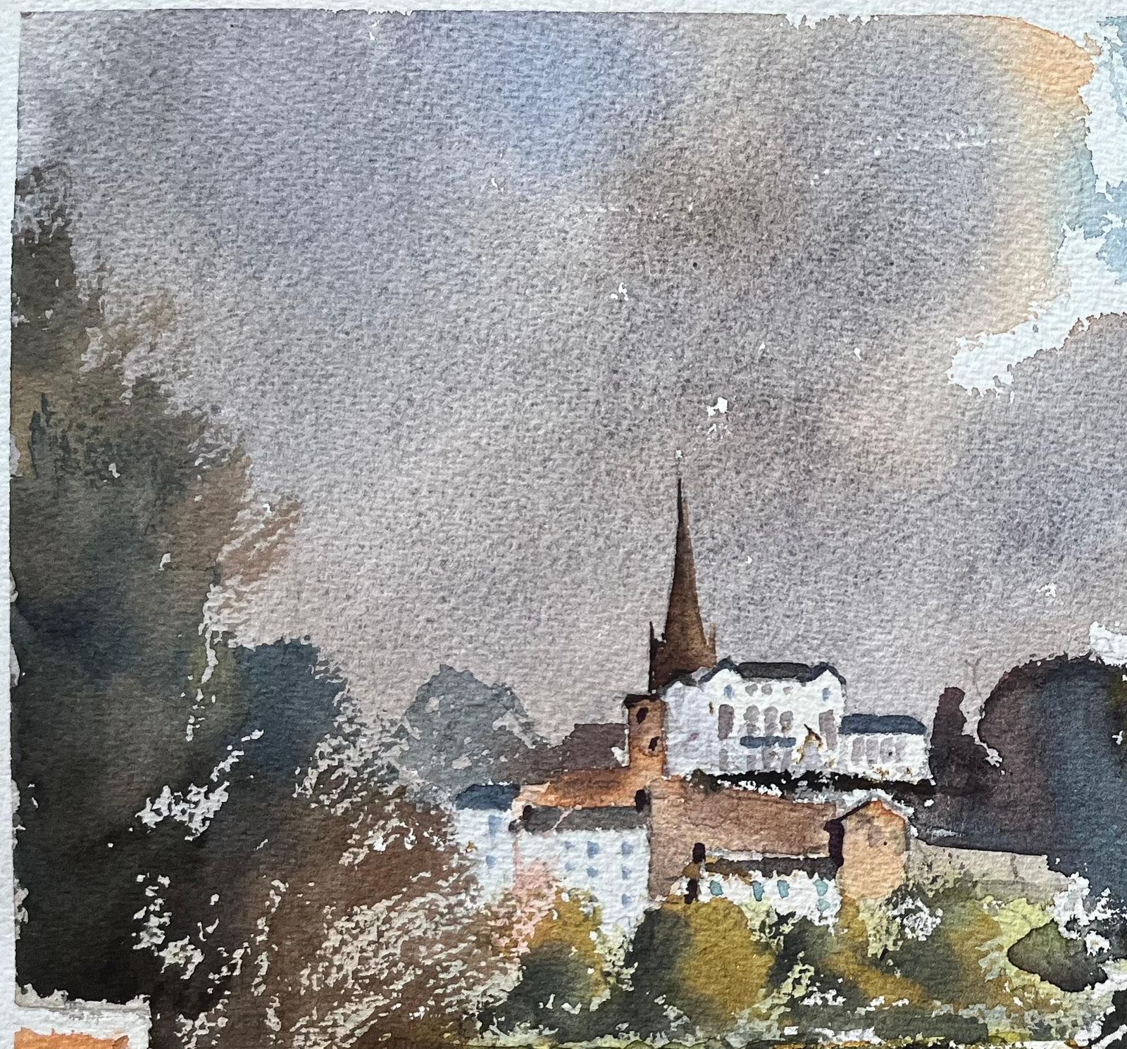 Anthony Avery British Impressionist Watercolor Of A Charming Riverside Village With Church photo for sale