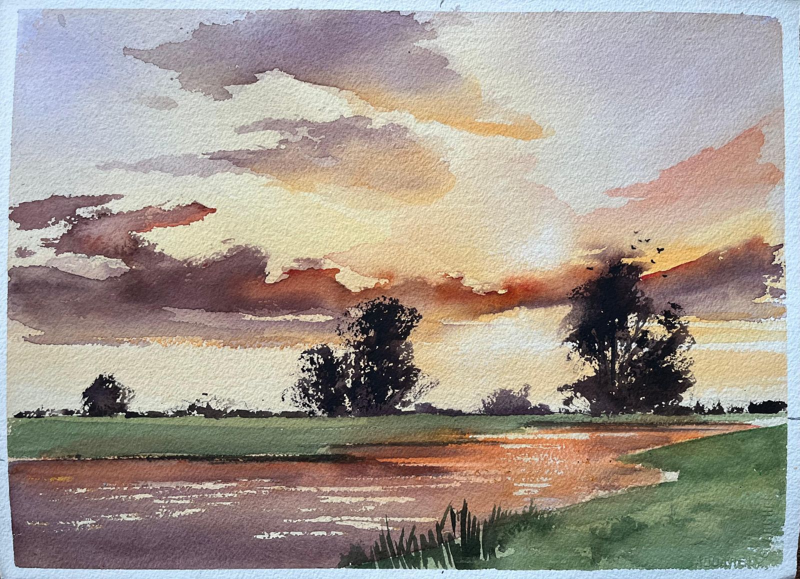 Anthony Avery British Impressionist Watercolor Of A Vivid Sunset Over A Tranquil Countryside