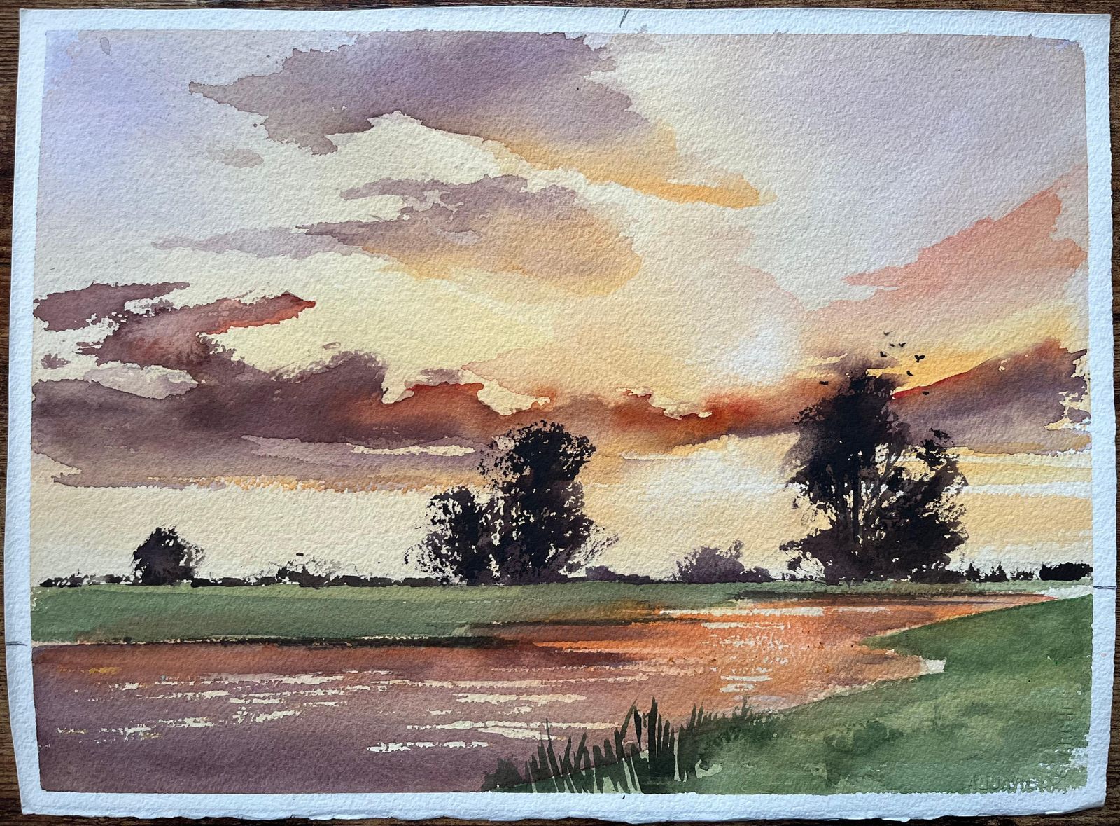 Anthony Avery British Impressionist Watercolor Of A Vivid Sunset Over A Tranquil Countryside photo furniture
