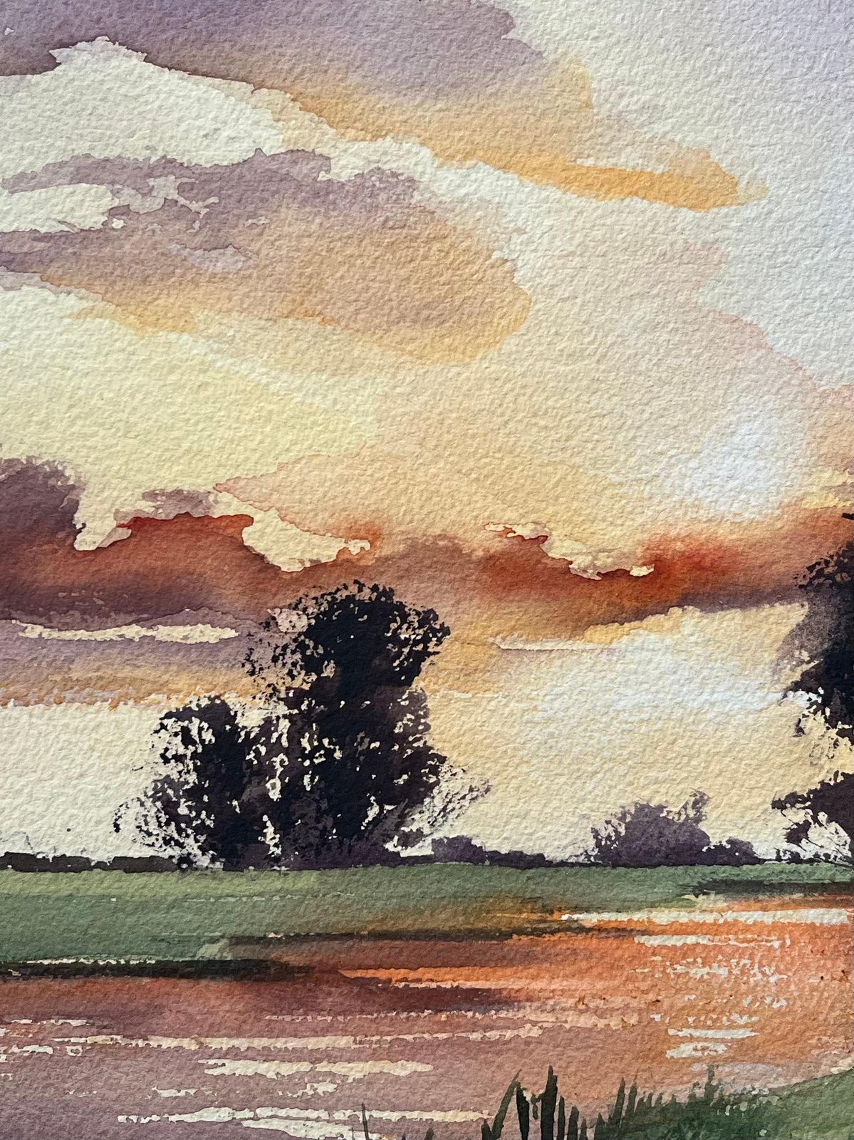Anthony Avery British Impressionist Watercolor Of A Vivid Sunset Over A Tranquil Countryside photo buy
