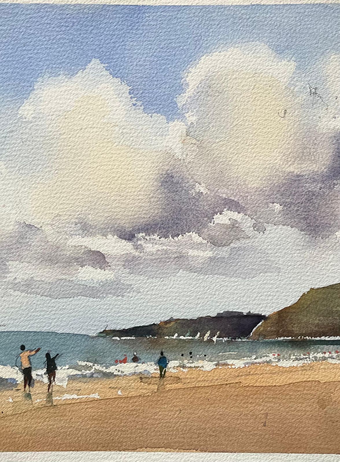 Anthony Avery British Impressionist Watercolor Of A Serene Coastal Beach Scene With Kite Flyer photo for sale