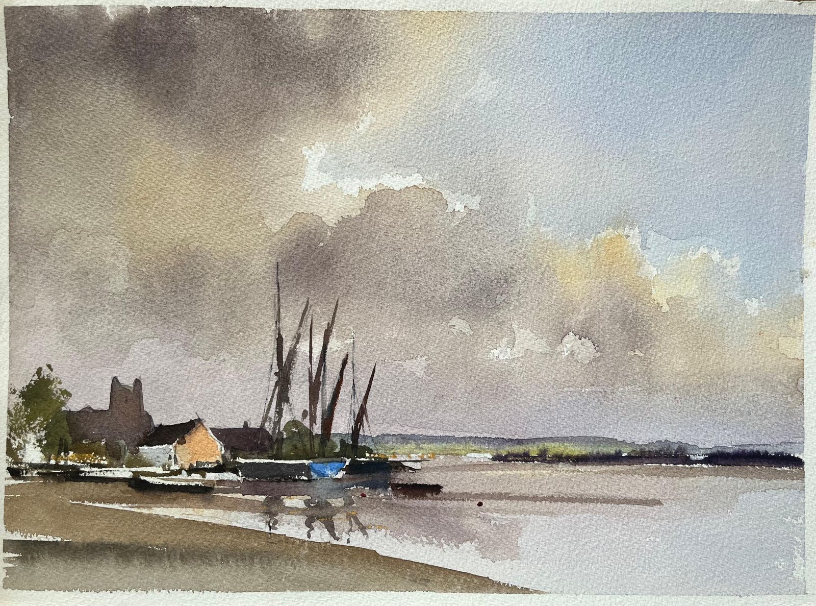 Anthony Avery British Impressionist Watercolor Of A Quiet Harbor With Sailboats And Moody Sky