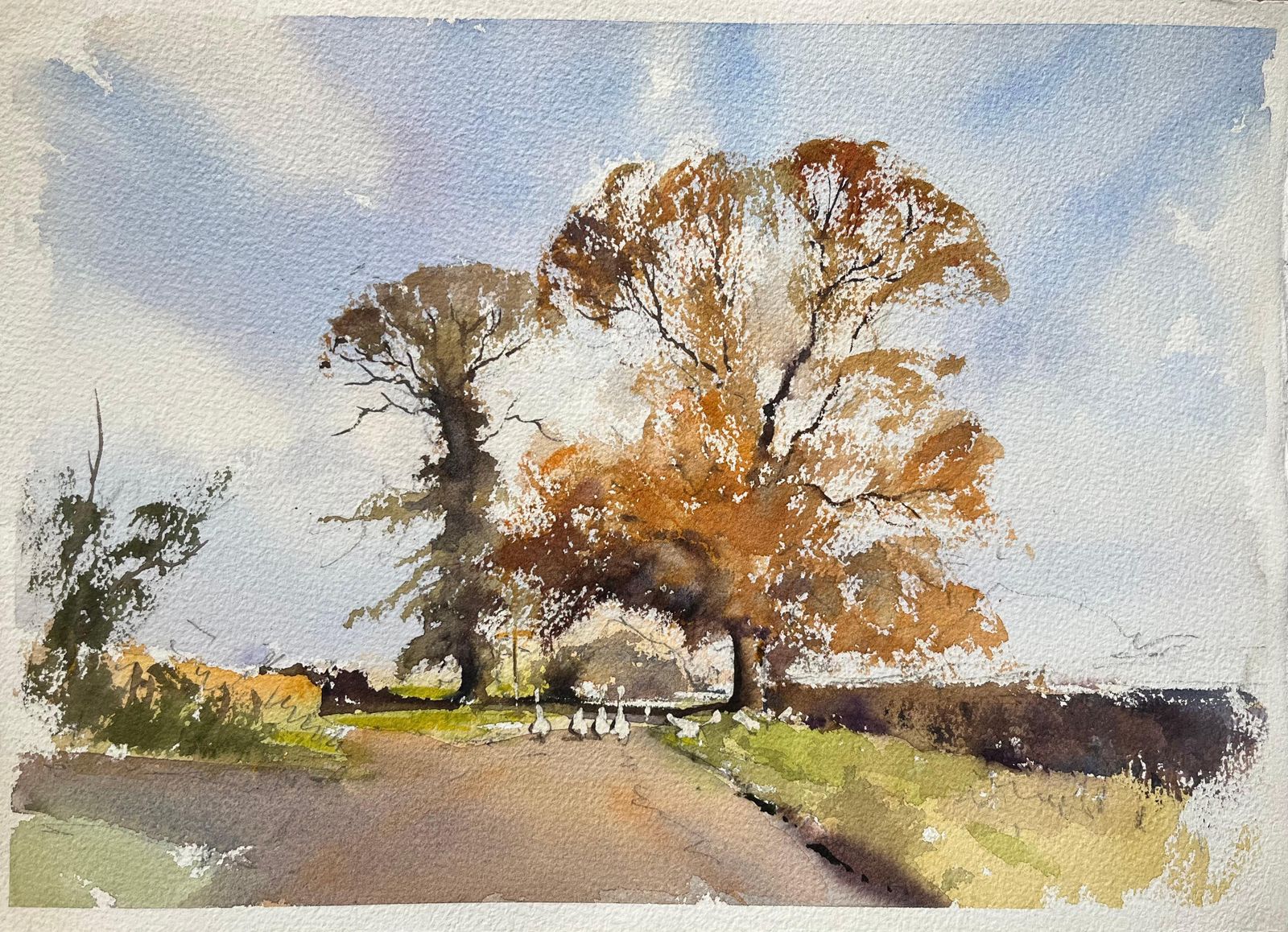 Anthony Avery British Impressionist Watercolor Of Autumn Trees And Farm Lane With Geese