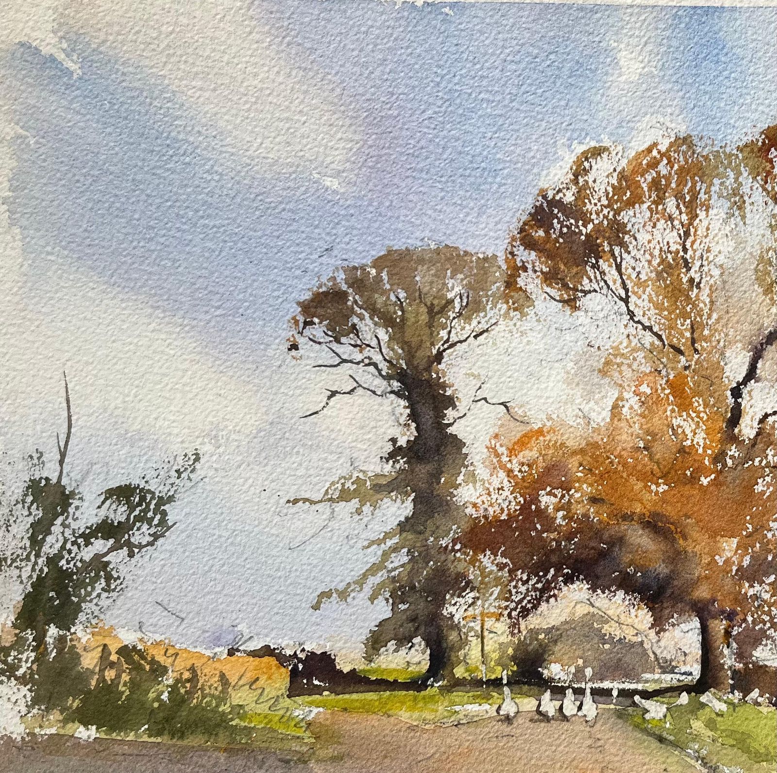 Anthony Avery British Impressionist Watercolor Of Autumn Trees And Farm Lane With Geese photo vinterior