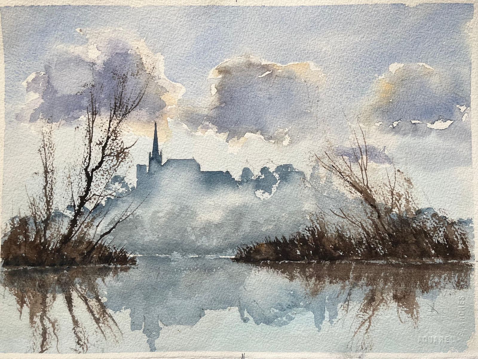 Anthony Avery British Impressionist Watercolor Of A Misty River And Spire Silhouette