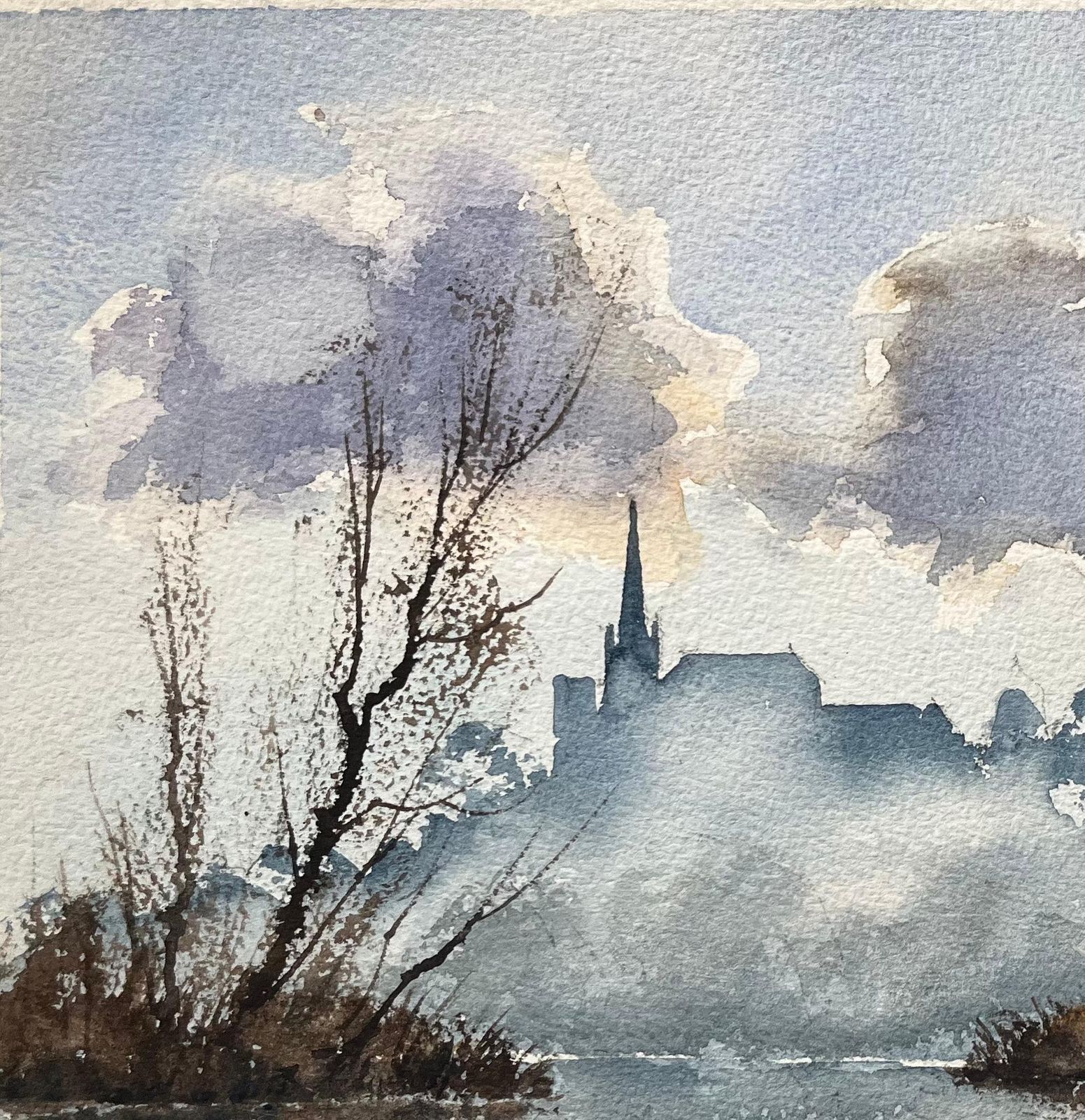 Anthony Avery British Impressionist Watercolor Of A Misty River And Spire Silhouette photo for sale
