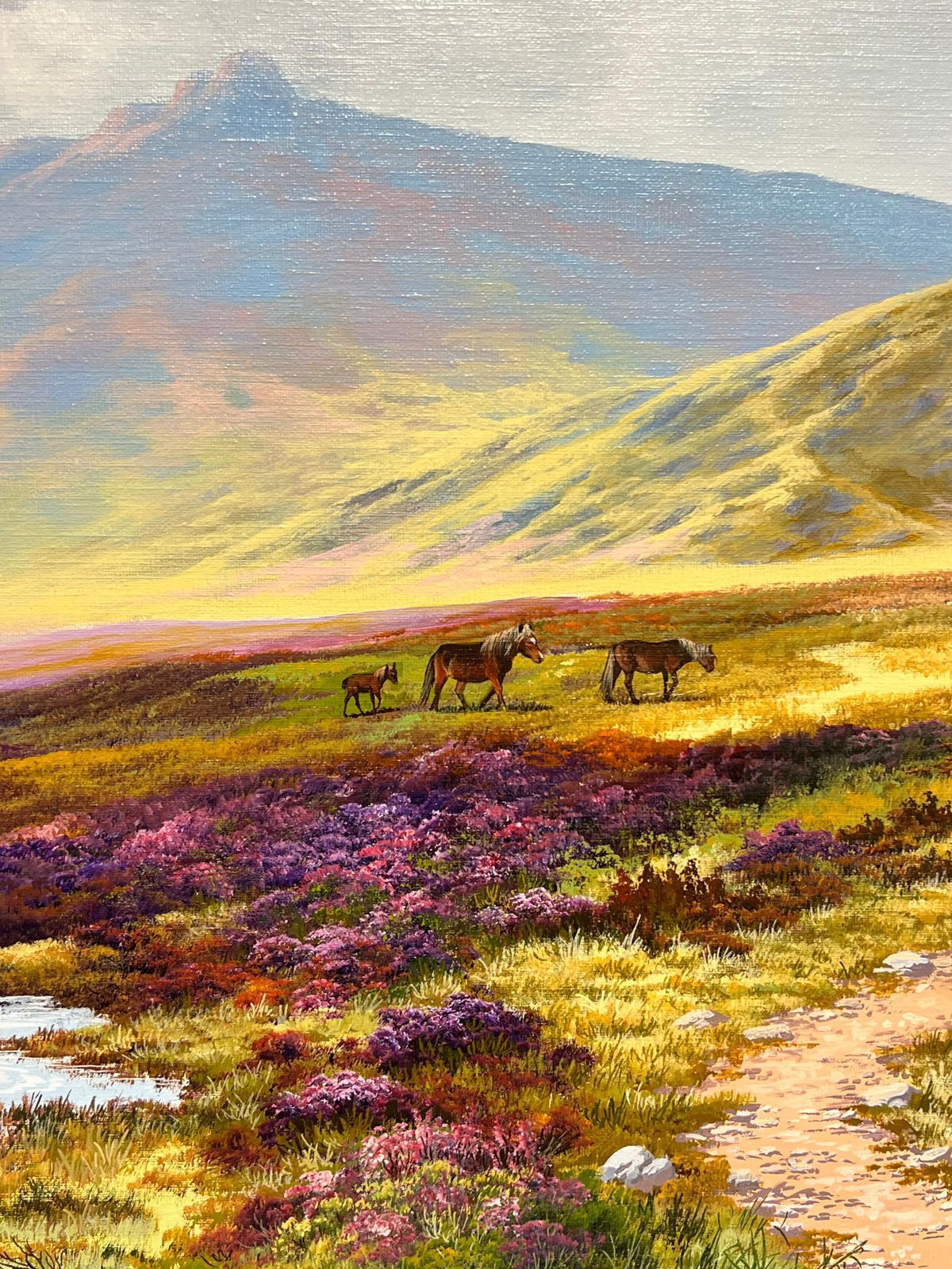 Brian Horswell Large British Oil Painting Ponies On Dartmoor Heathland Hillside Stream Heather 1953 photo for sale