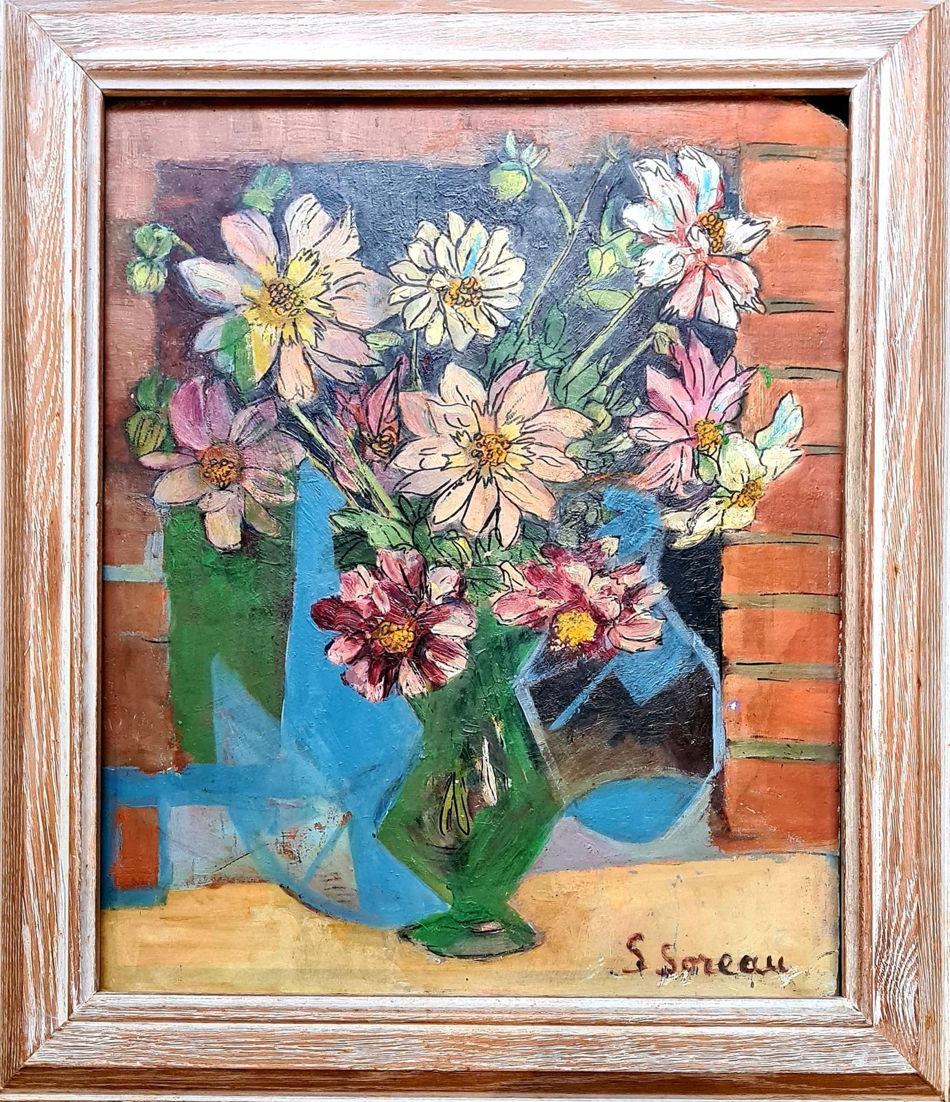 Mid Century Still Life With Flowers In Green Vase, 1960s By S Soreau