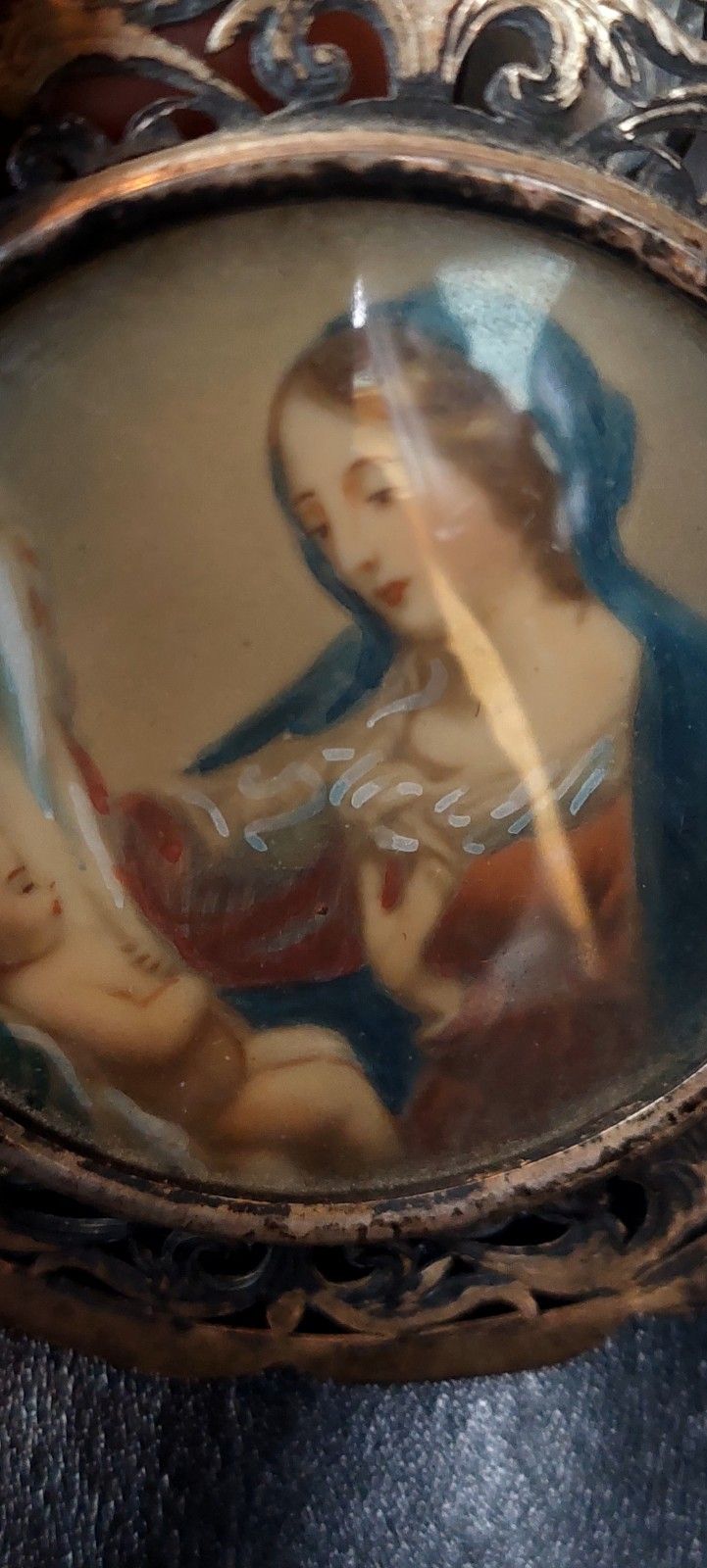 Painting Madonna With Child Ex Voto Perforated Silver Frame photo vintage