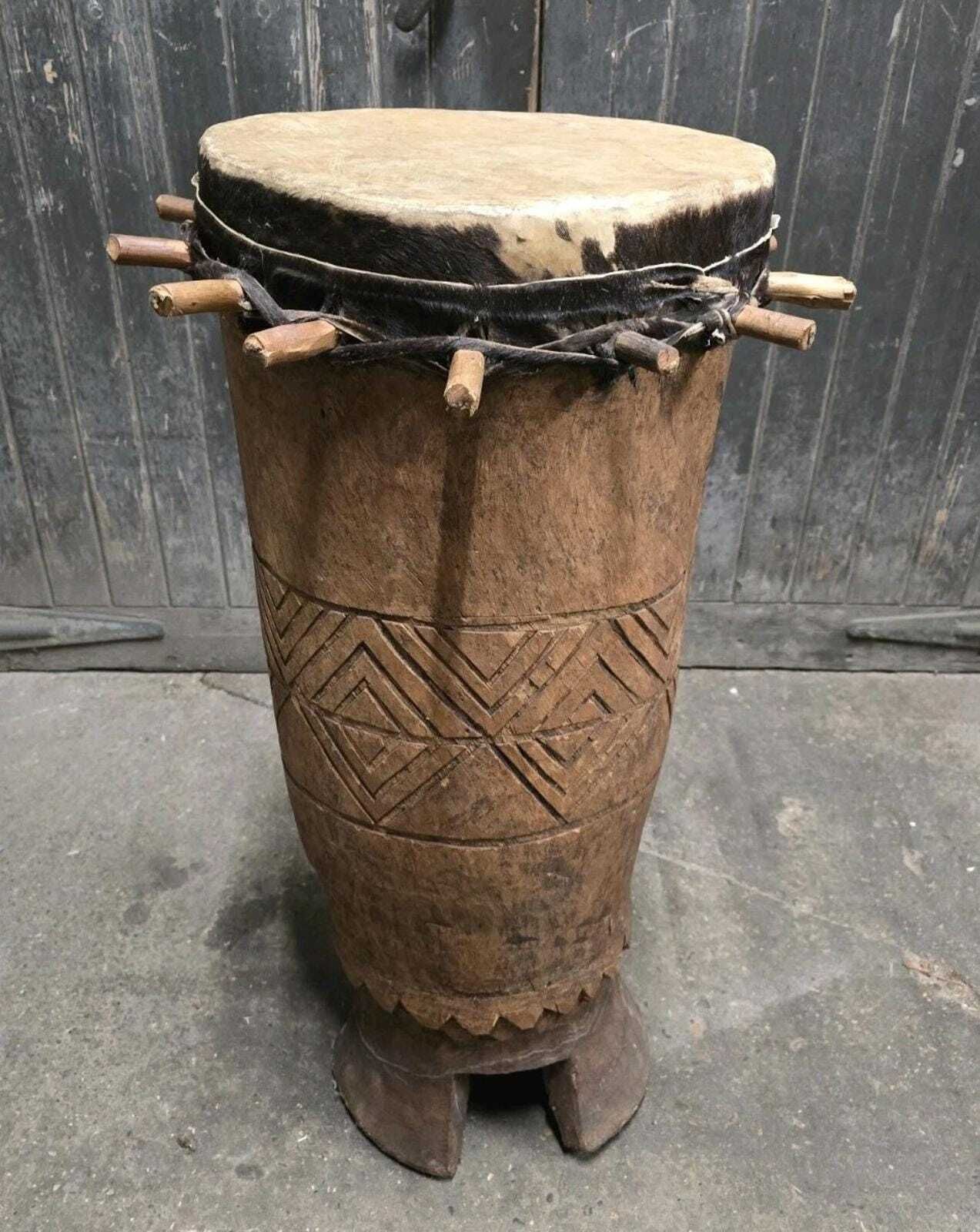 Vintage Large African Carved Wooden Drum