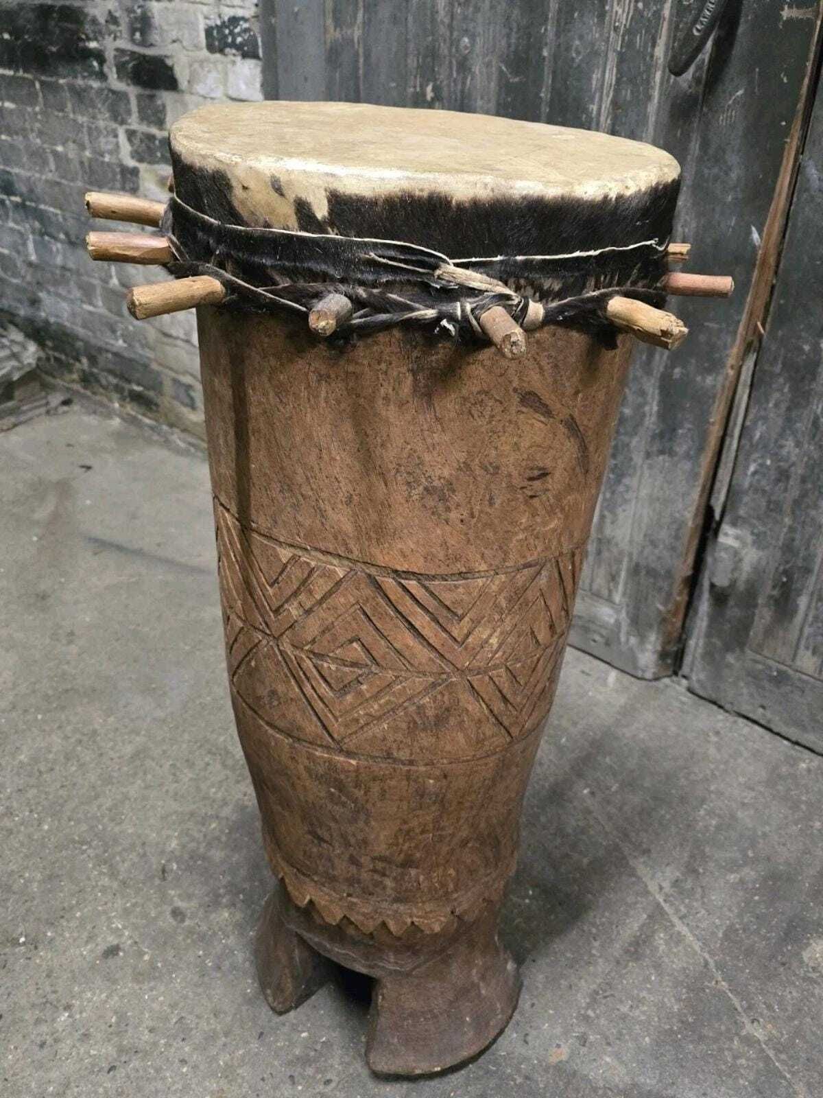 Vintage Large African Carved Wooden Drum photo Home Decor