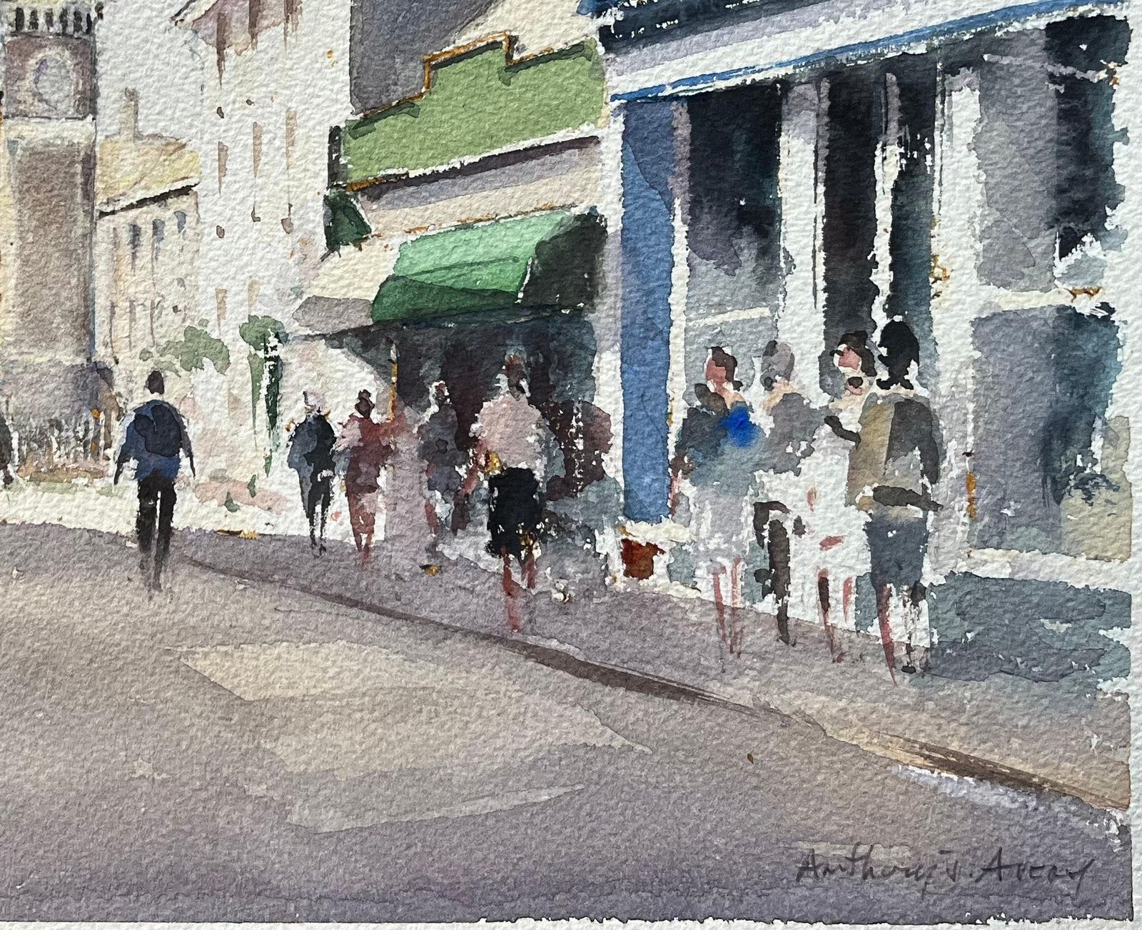 Anthony Avery British Impressionist Watercolor Of A Bustling Town Center With Clock Tower photo for sale