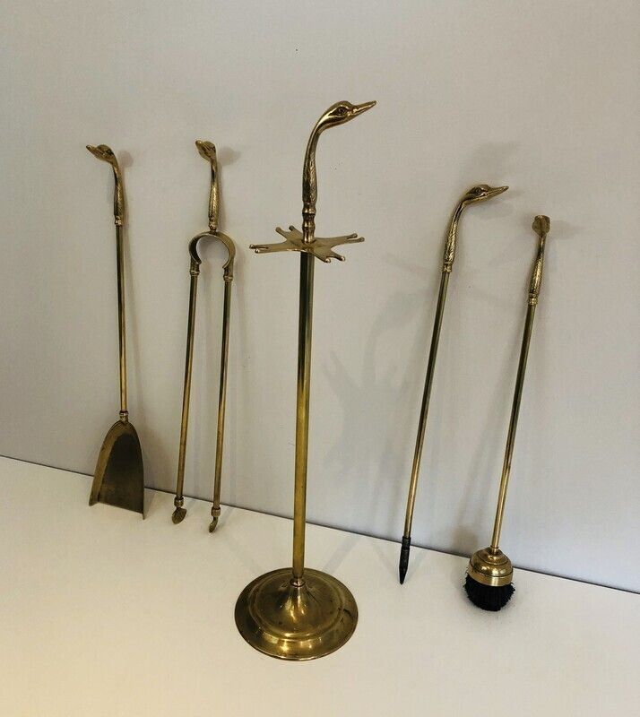 In The Style Of Maison Jansen. Brass Ducks Fire Place Tools On Stand. French. Circa 1960 photo furniture