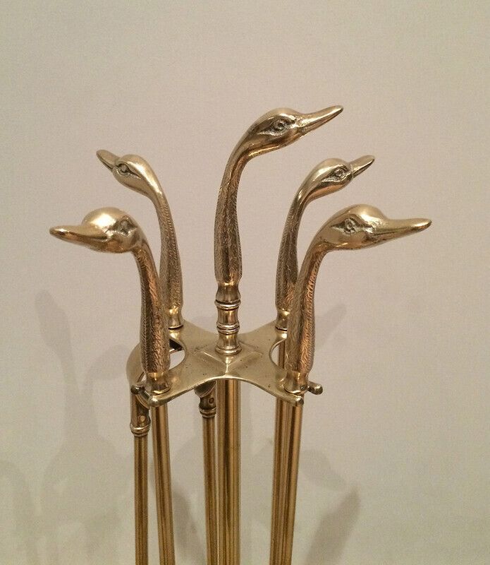 In The Style Of Maison Jansen. Brass Ducks Fire Place Tools On Stand. French. Circa 1960 photo for sale