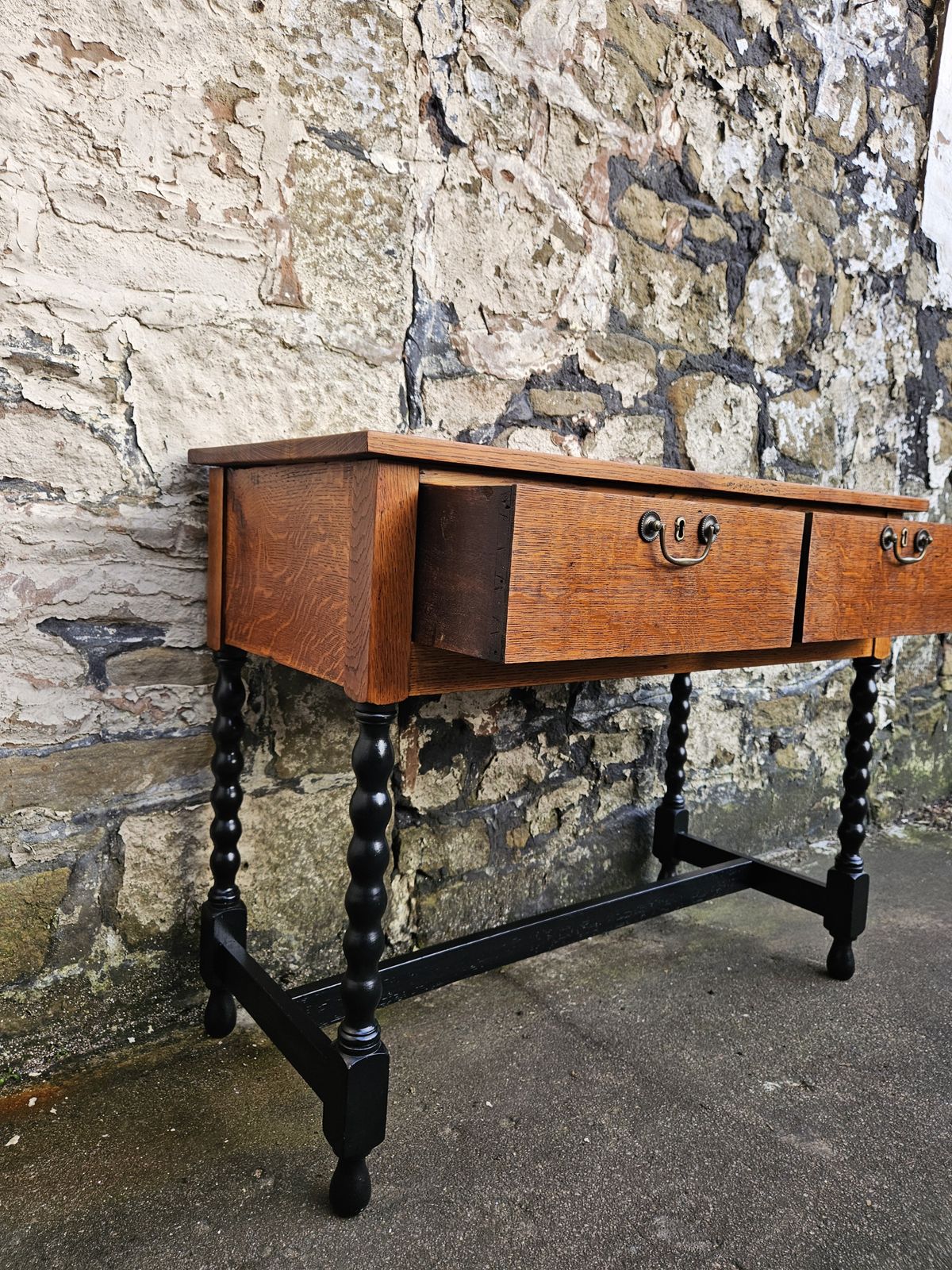 photo vintage Vintage Oak Chest Of Drawers Two Drawer Cabinet Lovely Detailing Ebonised In Black