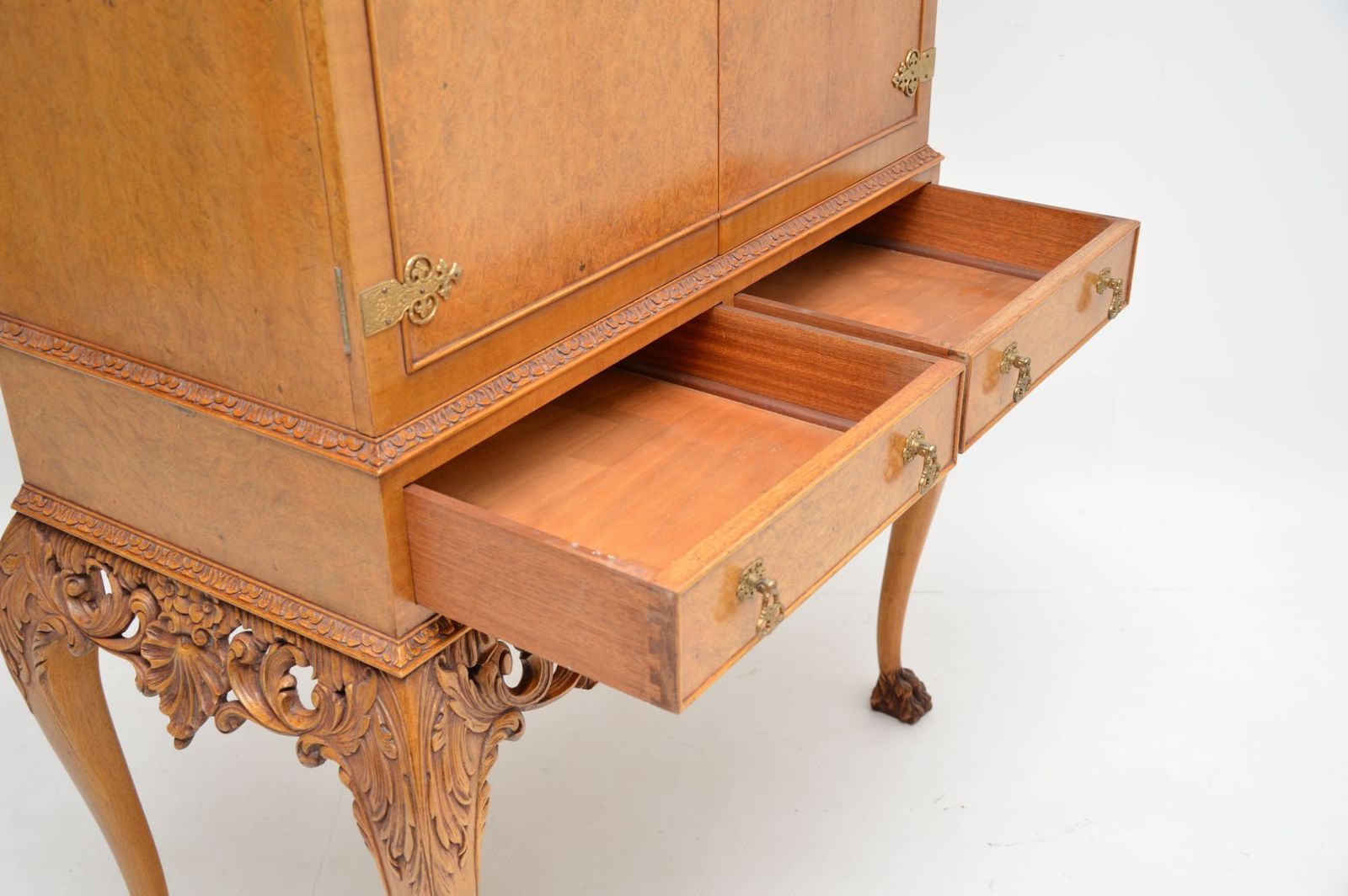 photo for sale Antique Burr Walnut Queen Anne Style Cocktail Drinks Cabinet