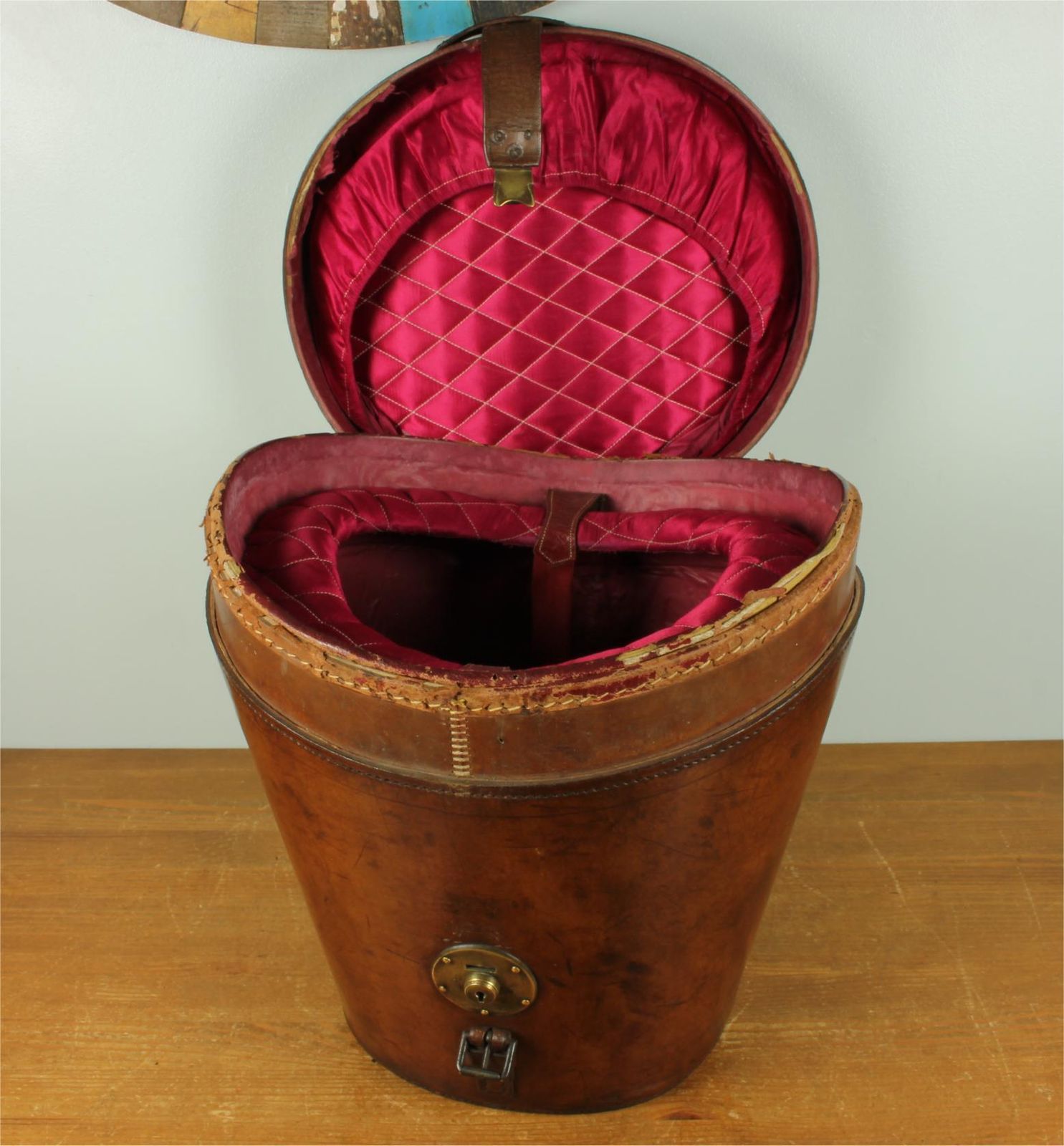 Antique Large Multi Top Hat Carry Case. Tall Double Leather Storage Box. photo furniture