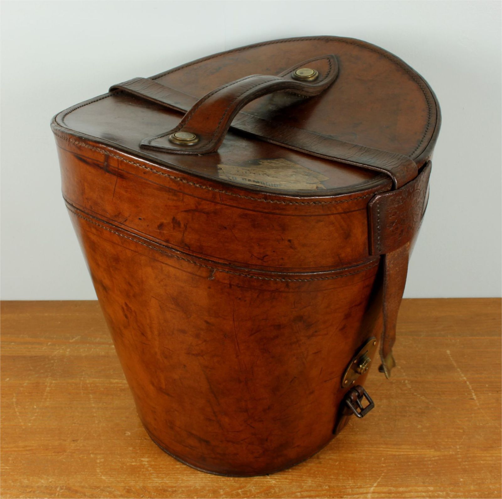 photo buy Antique Large Multi Top Hat Carry Case. Tall Double Leather Storage Box.