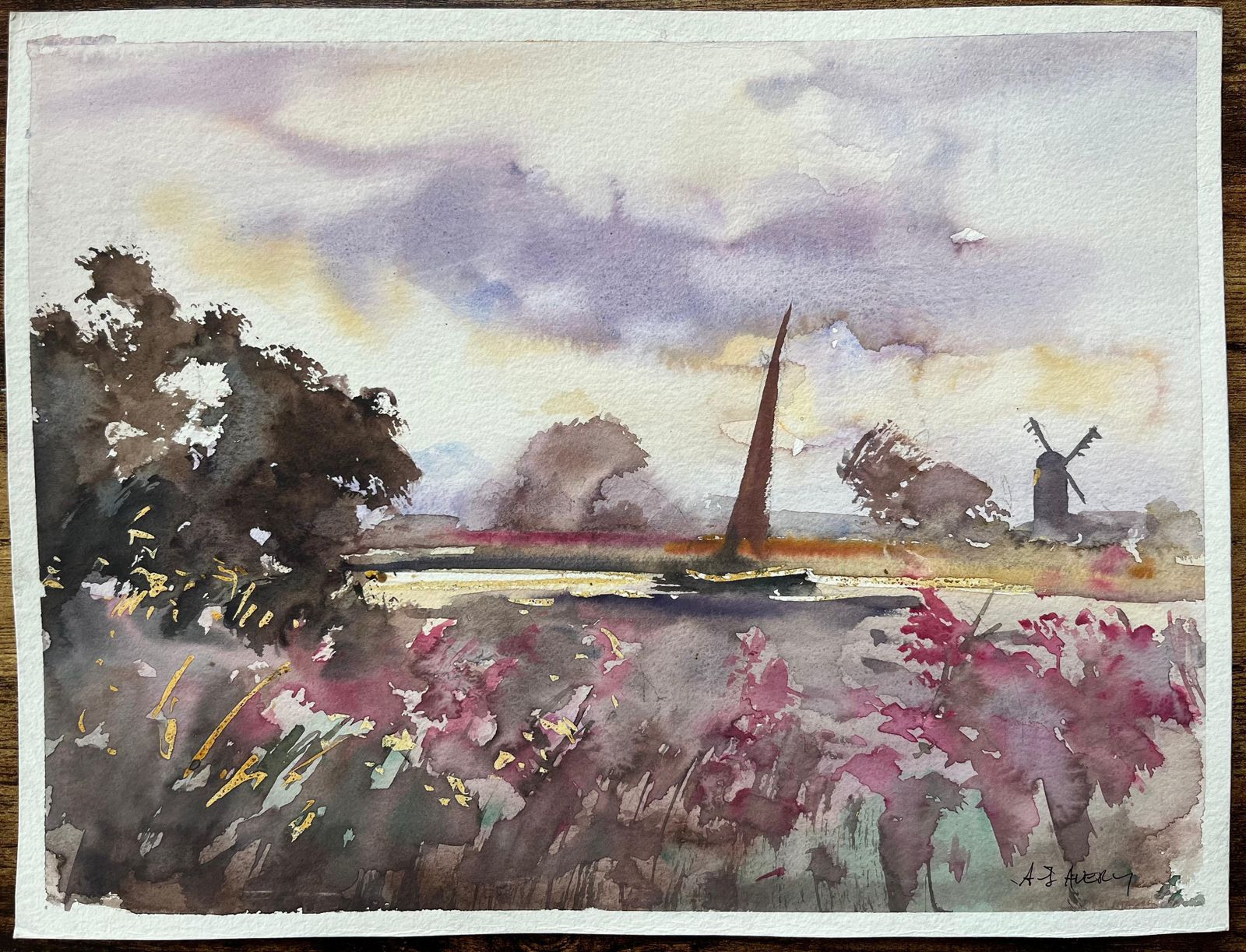 British Impressionist Watercolor Of A Countryside Scene With Windmill photo furniture