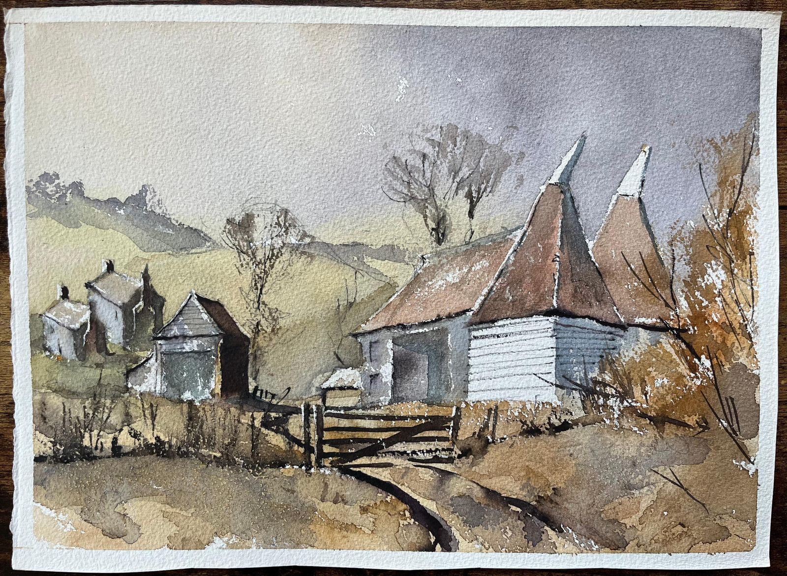 British Impressionist Watercolor Of Countryside Scene With Oast Houses photo furniture