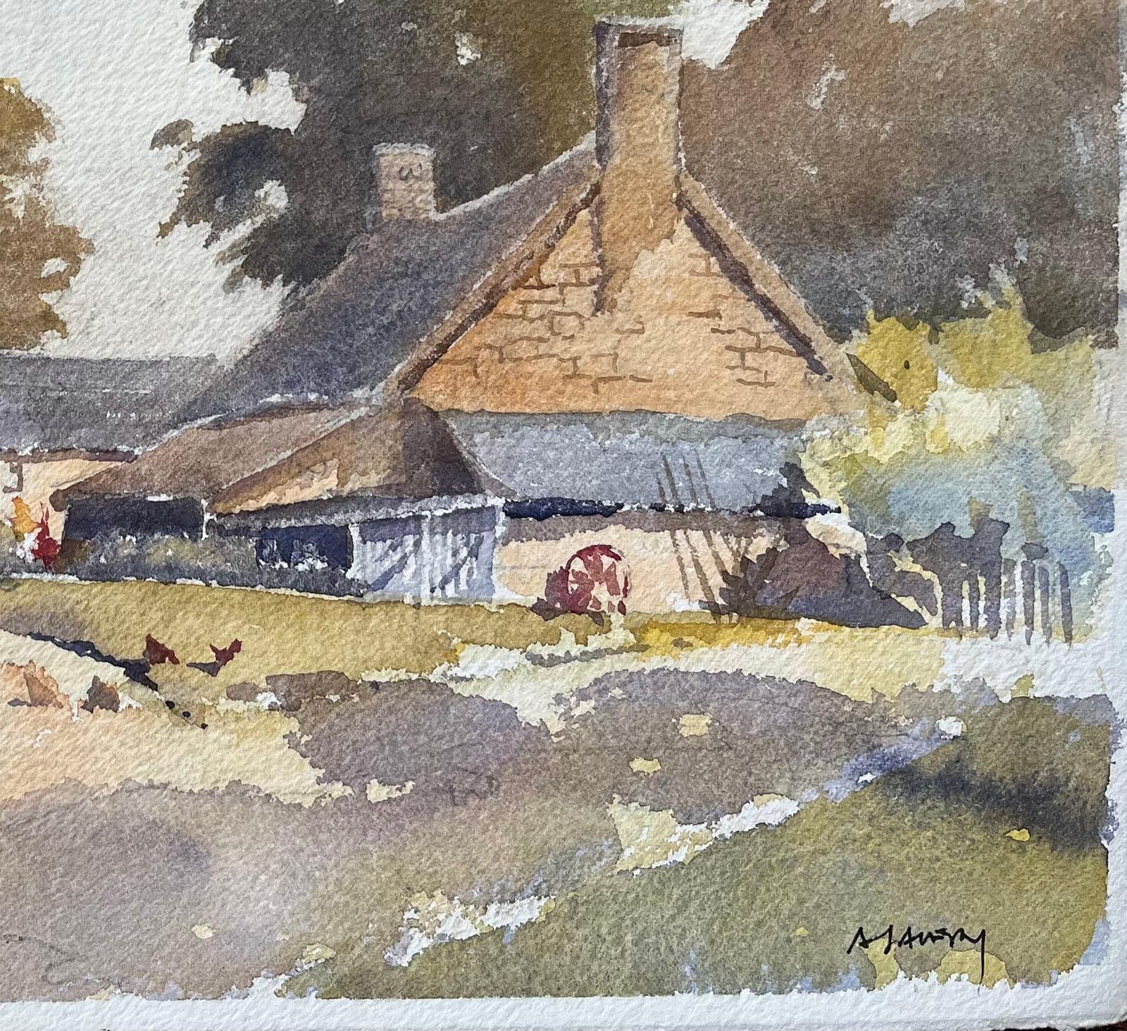 British Impressionist Watercolor Of A Rustic Farmhouse Scene And Chickens photo for sale