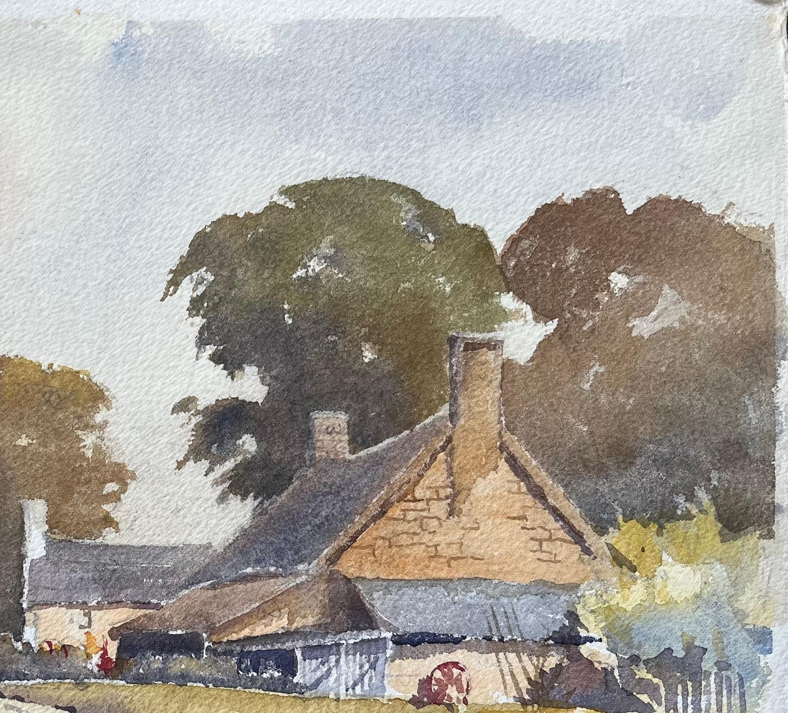 British Impressionist Watercolor Of A Rustic Farmhouse Scene And Chickens photo 525.0