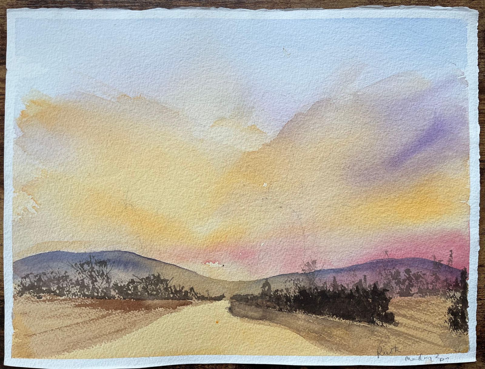 British Impressionist Watercolor Of A Sunset Over Rolling Hills photo furniture