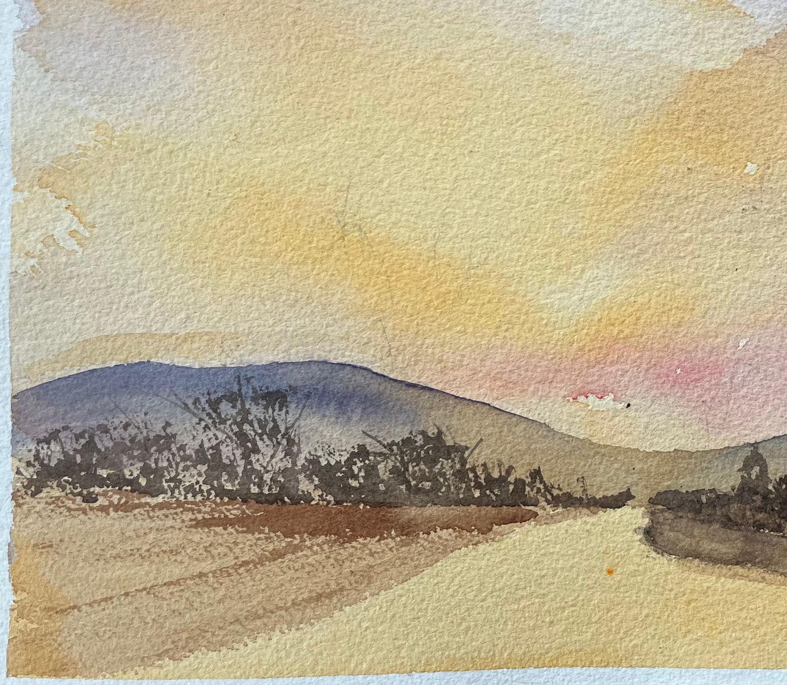 British Impressionist Watercolor Of A Sunset Over Rolling Hills photo Art