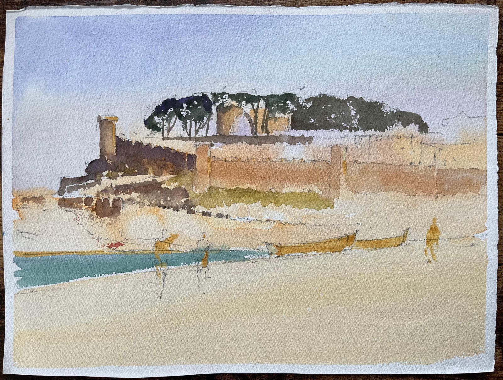 British Impressionist Watercolor Of A Coastal Fort With Boats On The Shore photo furniture