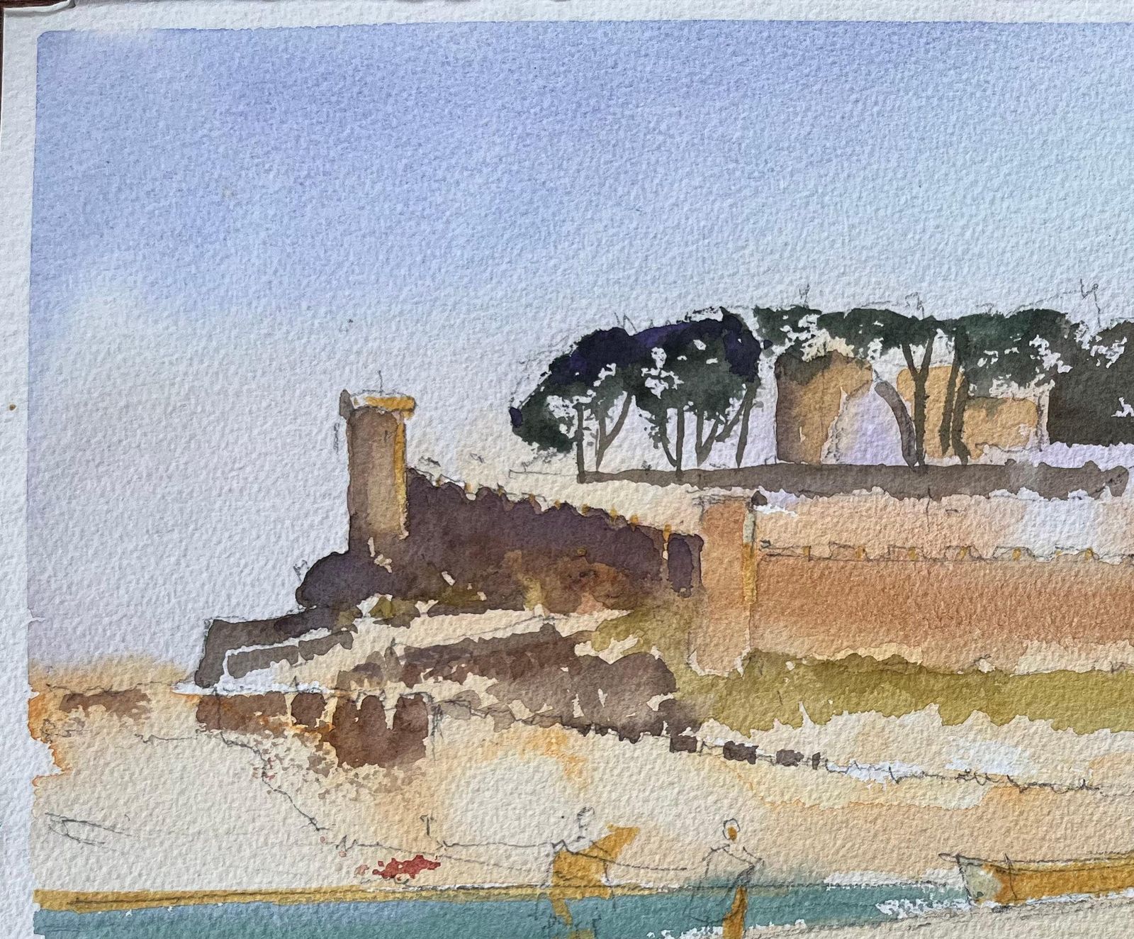 British Impressionist Watercolor Of A Coastal Fort With Boats On The Shore photo vinterior