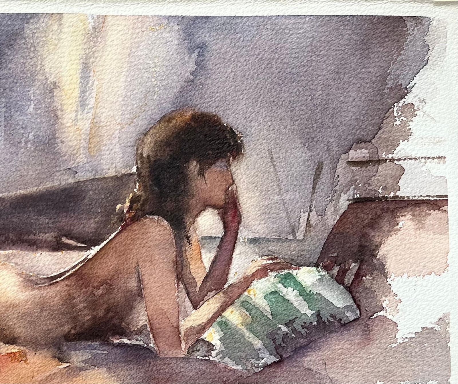 British Impressionist Watercolor Of A Nude Reclining Woman In Quiet Reflection photo for sale