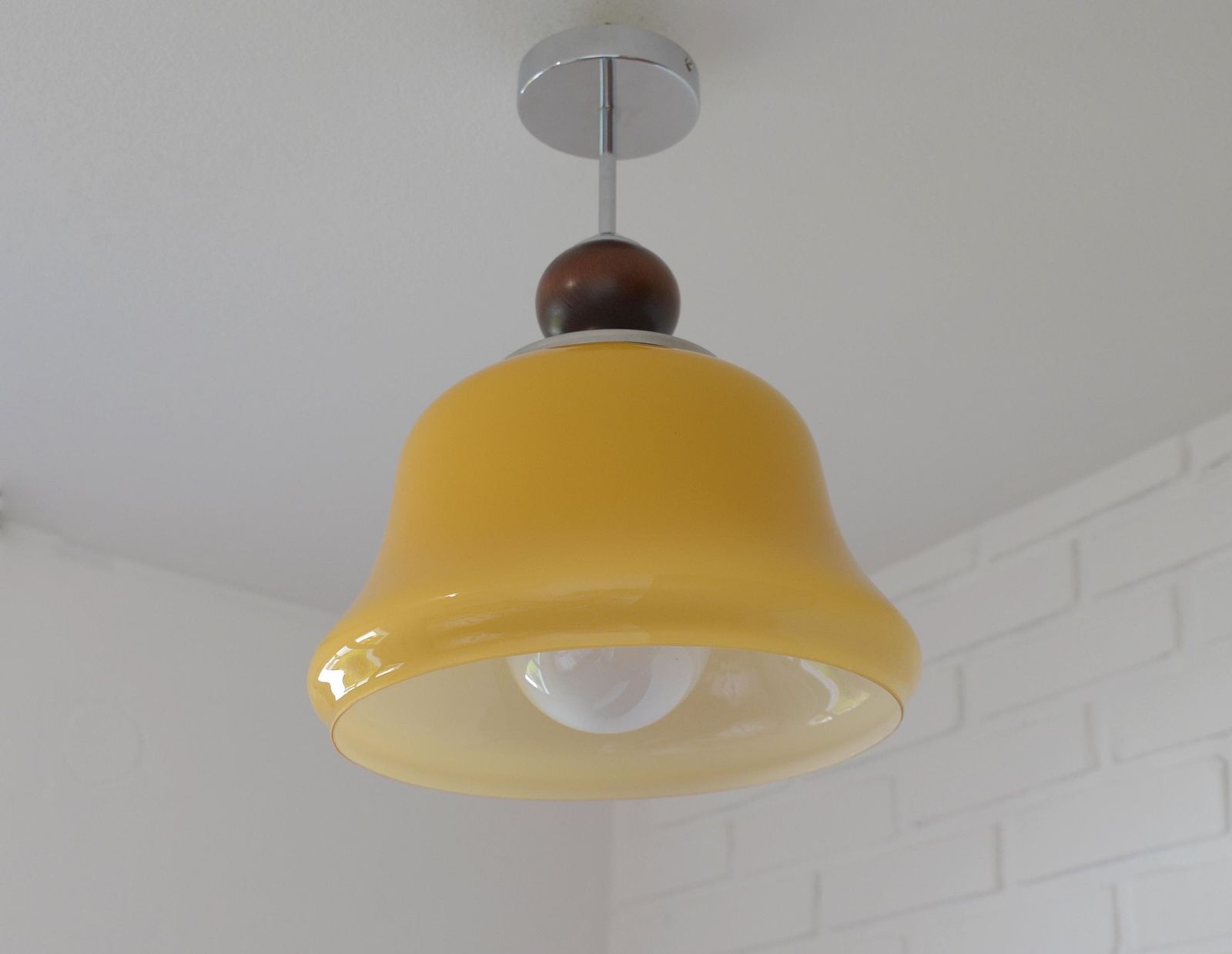 Vintage Beige Glass Pendant Lamp / Semi Flush Mount / Hanging Light / Chandelier, Yugoslavia 1970's photo vinterior