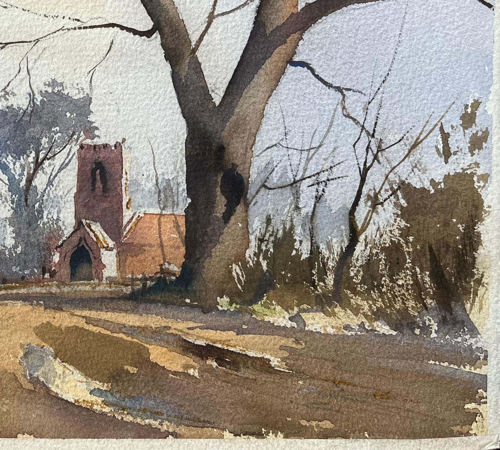 British Impressionist Watercolor Of A Rural Church In Winter photo for sale