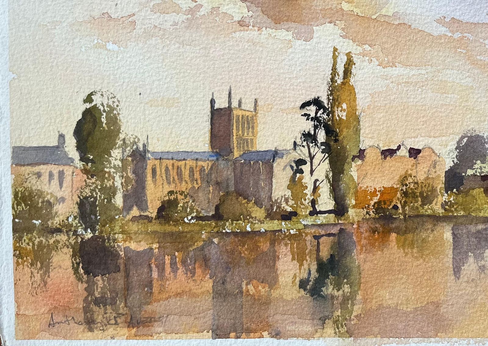 British Impressionist Watercolor Of A River Scene With Church At Sunset photo for sale