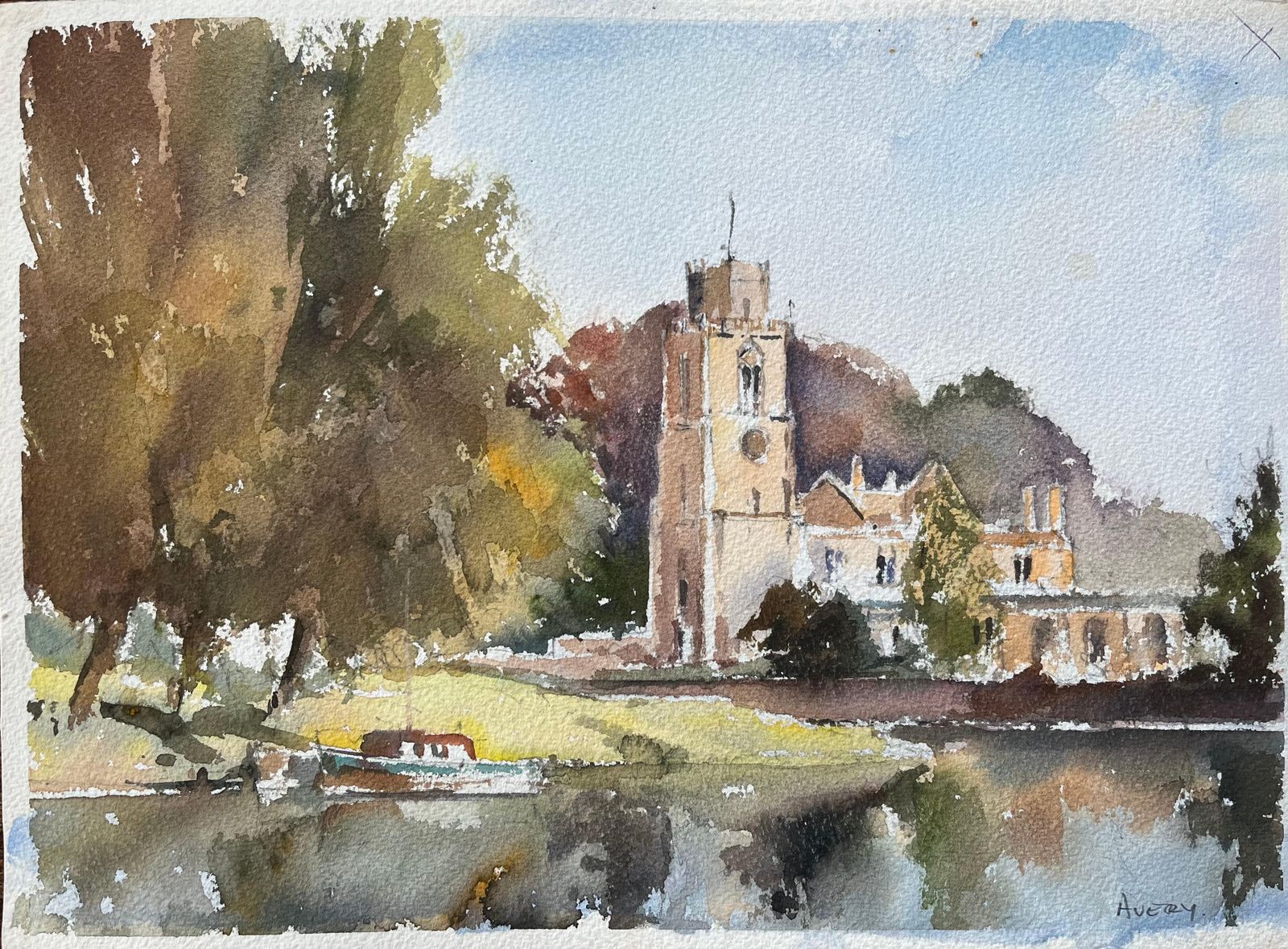 British Impressionist Watercolor Of A Riverside Church Scene