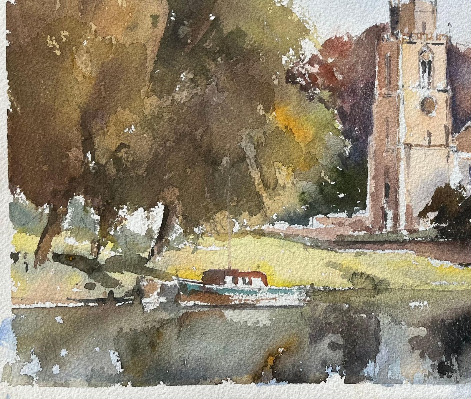 British Impressionist Watercolor Of A Riverside Church Scene photo 540.0