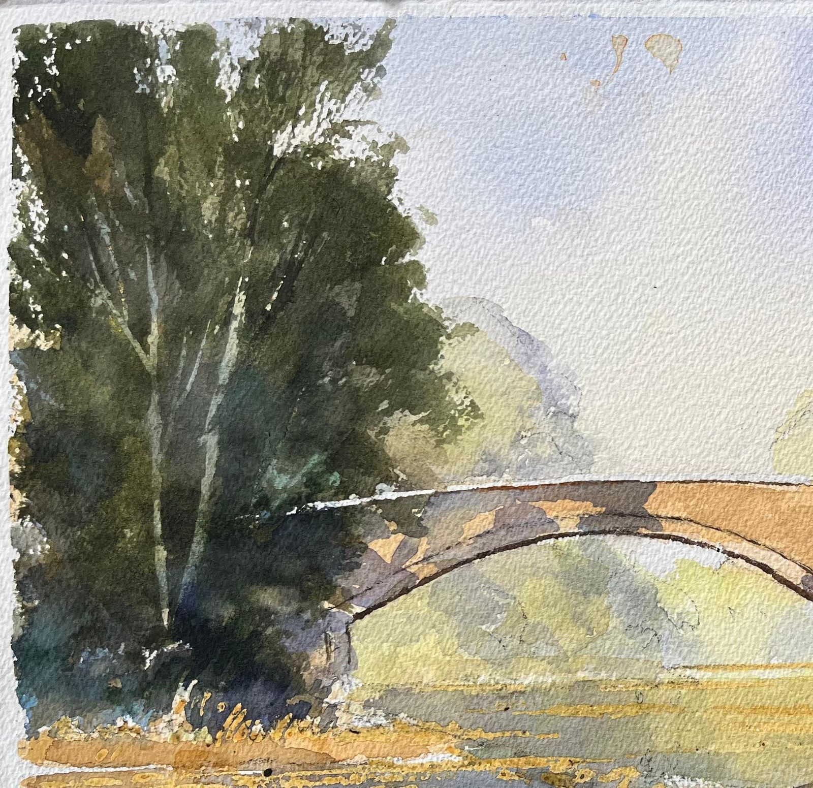 British Impressionist Watercolor Of A Stone Bridge Over A Serene River photo vinterior