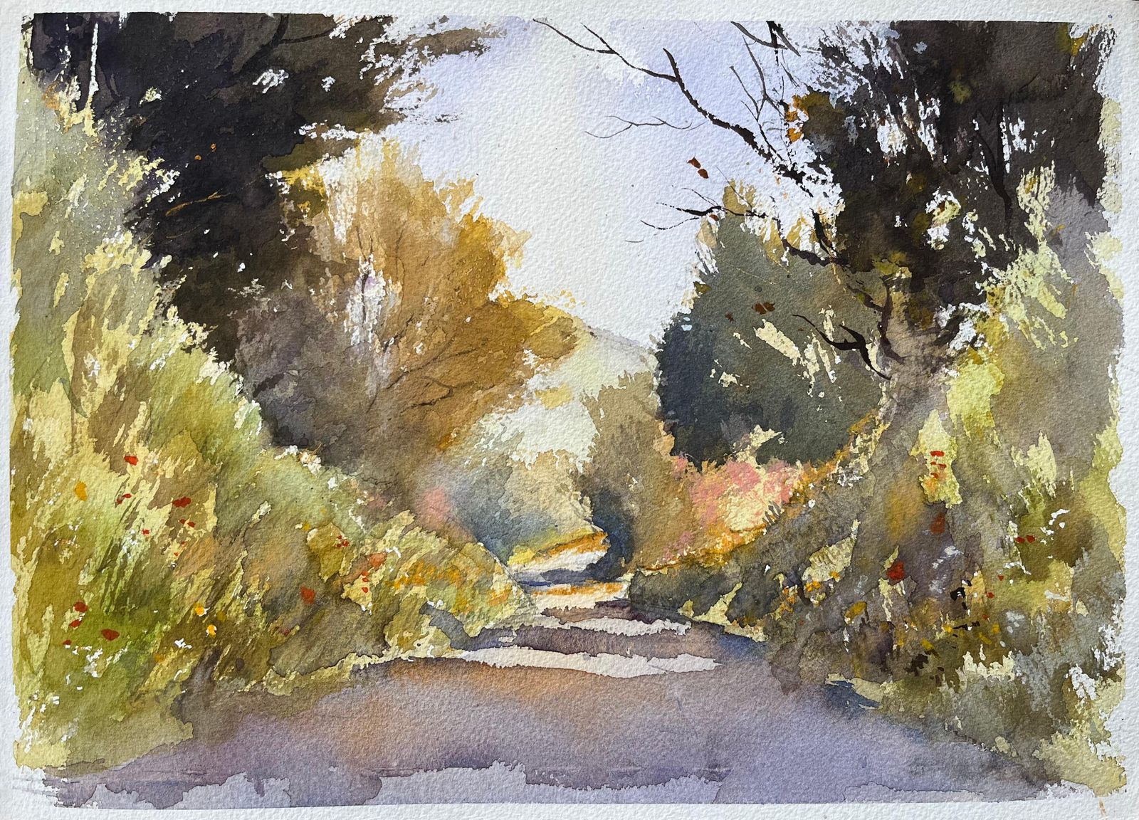 British Impressionist Watercolor Of Sunlit Country Lane
